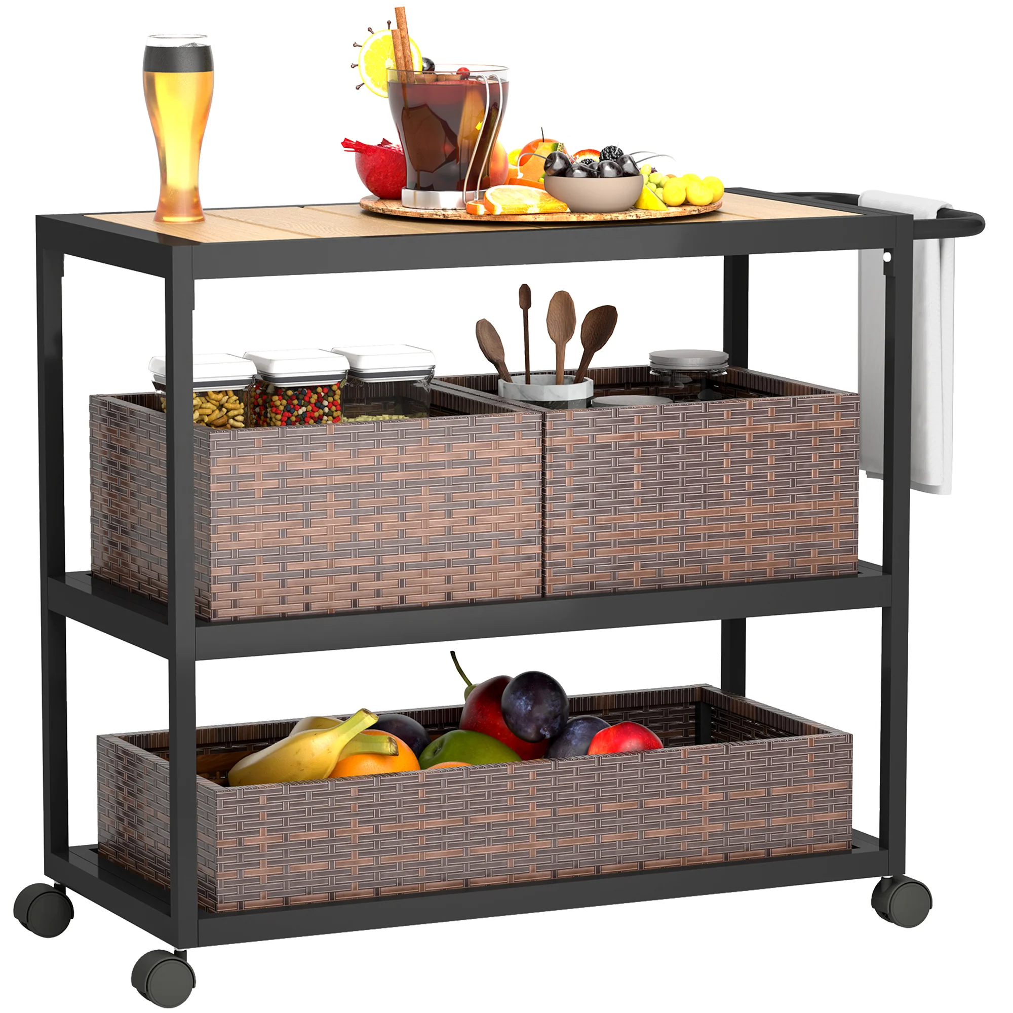 3-Tier Outdoor Bar Cart with Wood Top & Removable Rattan Basket, Mixed-Brown - Image 2