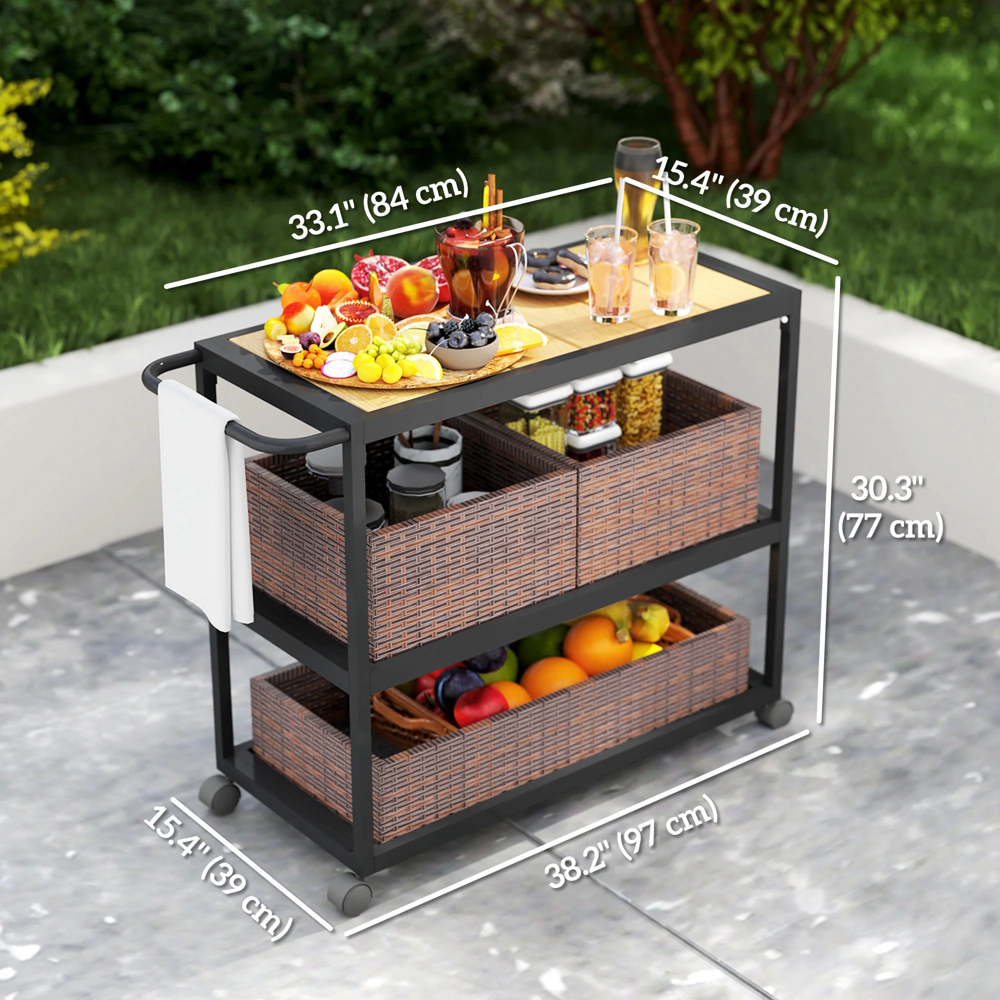 3-Tier Outdoor Bar Cart with Wood Top & Removable Rattan Basket, Mixed-Brown - Image 5