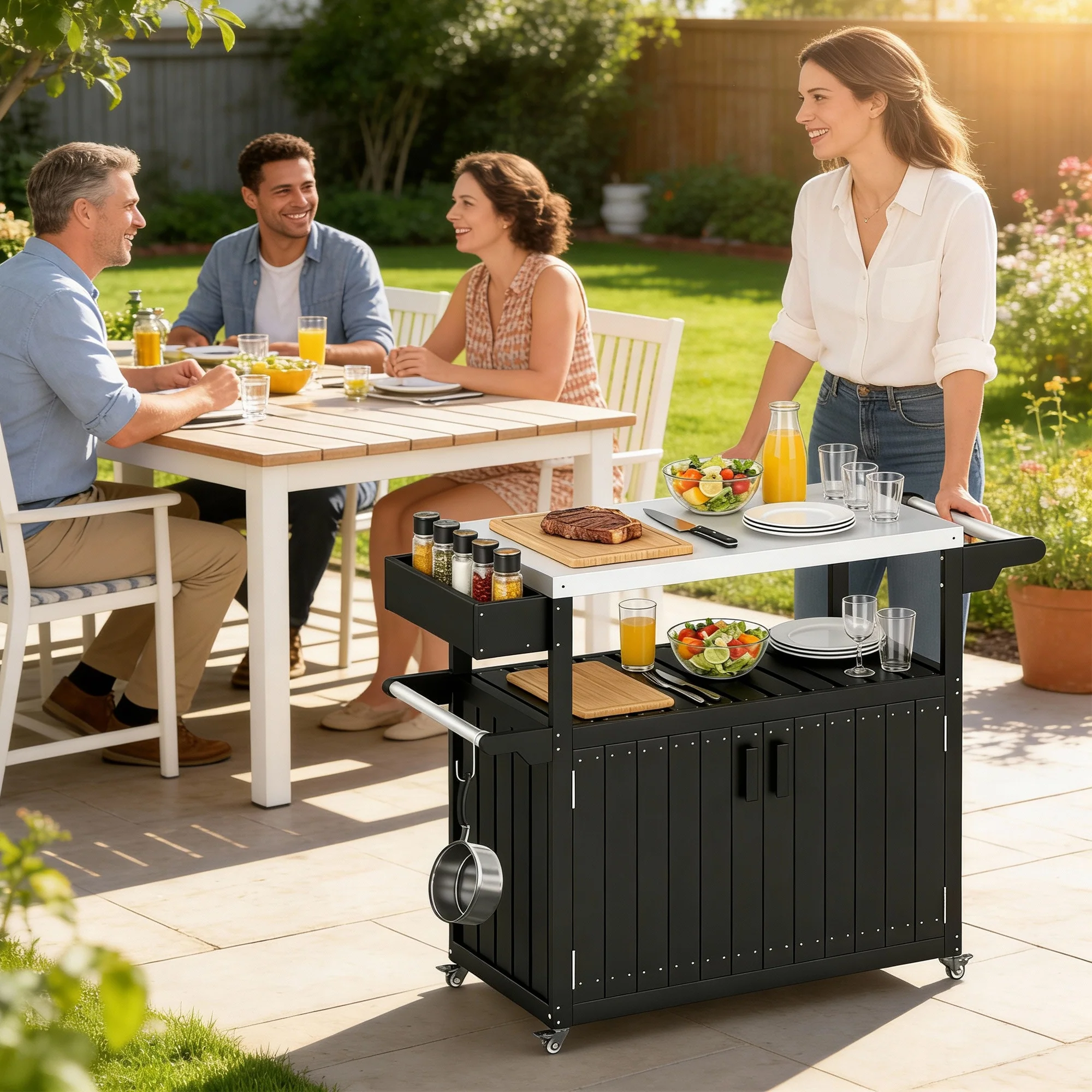 Outdoor Bar Cart with Storage Cabinet, Stainless Steel Top Kitchen Island on Wheels, HDPE Outdoor Bar Table, Movable Patio Beverage Food Prep Table for BBQ Picnic, Black - Image 11