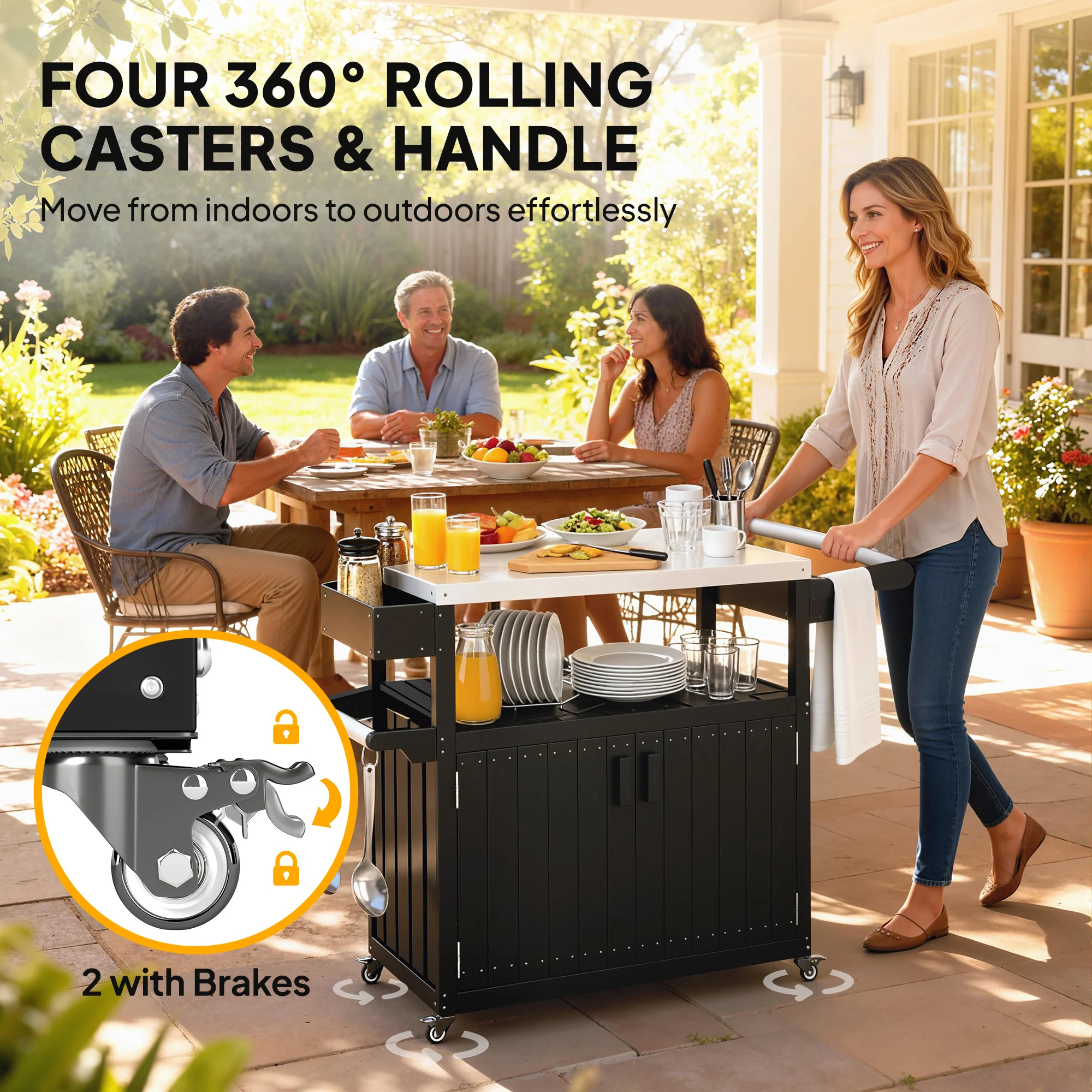 Outdoor Bar Cart with Storage Cabinet, Stainless Steel Top Kitchen Island on Wheels, HDPE Outdoor Bar Table, Movable Patio Beverage Food Prep Table for BBQ Picnic, Black - Image 9