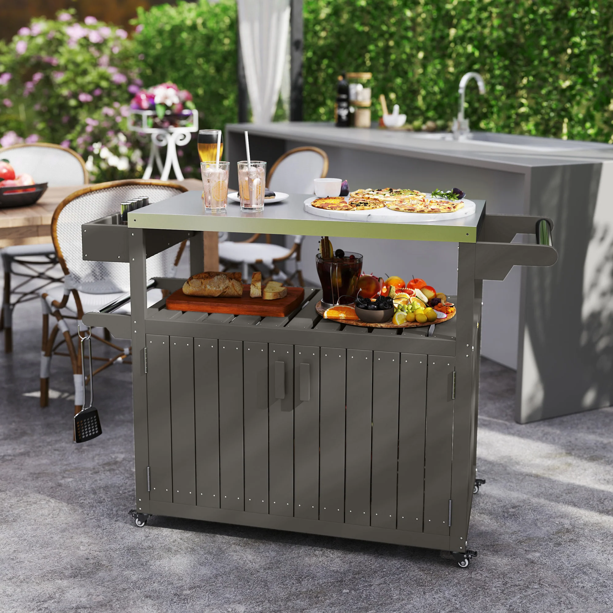 Outdoor Bar Cart with Storage Cabinet, Stainless Steel Top Kitchen Island on Wheels, HDPE Outdoor Bar Table, Movable Patio Beverage Food Prep Table for BBQ Picnic, Dark Gray - Image 3