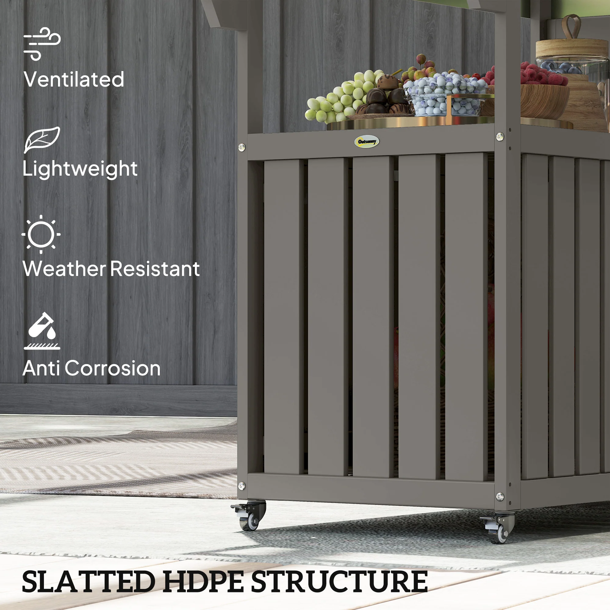 Outdoor Bar Cart with Storage Cabinet, Stainless Steel Top Kitchen Island on Wheels, HDPE Outdoor Bar Table, Movable Patio Beverage Food Prep Table for BBQ Picnic, Dark Gray - Image 7