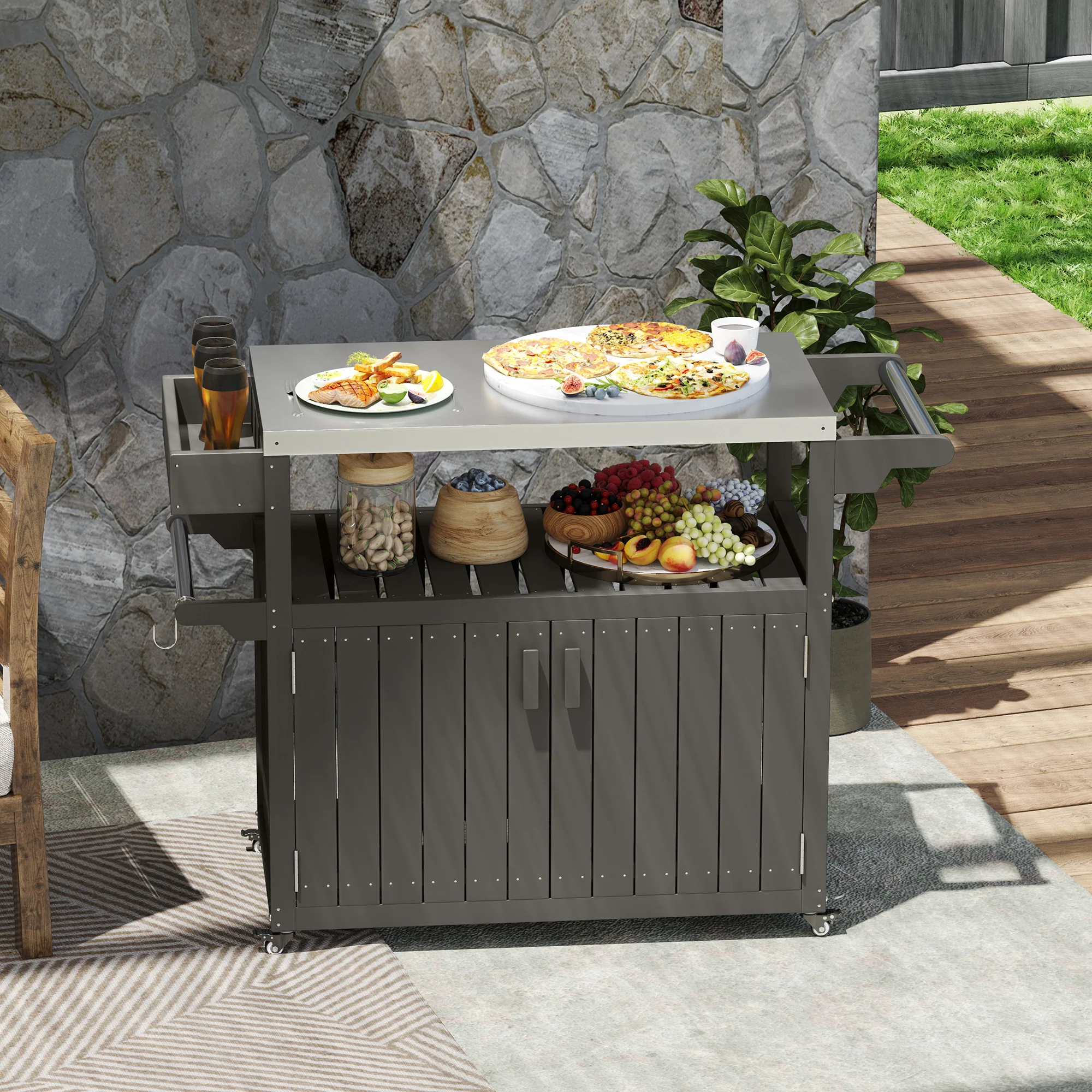 Outdoor Bar Cart with Stainless Steel Top & Wheels, Dark Grey - Image 4