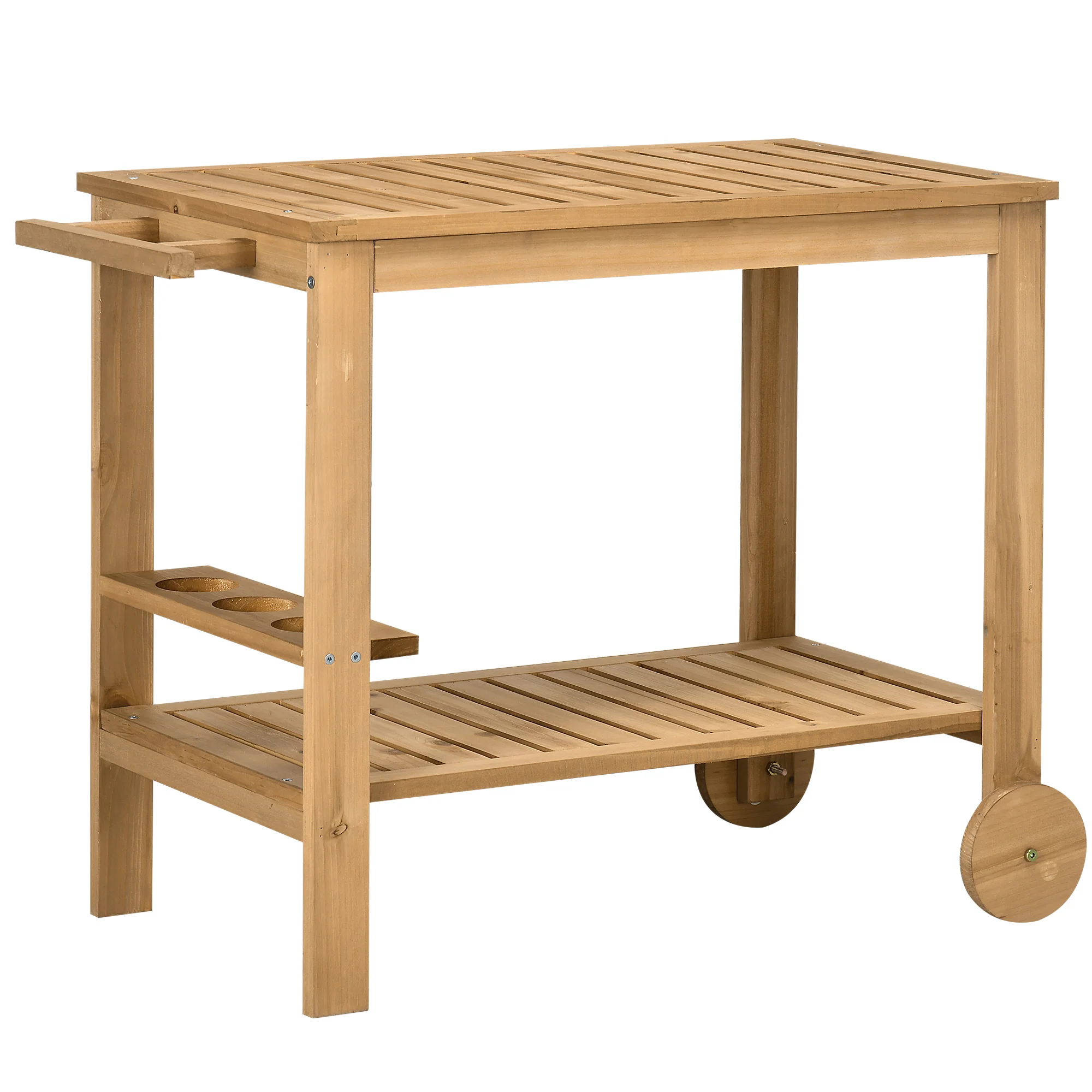 Outdoor Bar Cart, Wood Rolling Home Bar & Serving Cart with 2 Shelves, Wine Bottle Holders for Garden, Dining Room, Natural - Image 12
