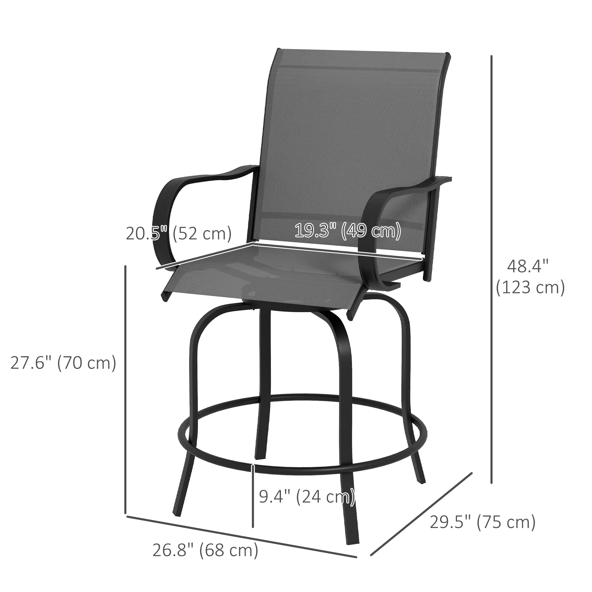 2 Pieces Outdoor Bar Stools, 360° Swivel Bar Height Chairs, 26.8" x 29.5" x 48.4", Grey - Image 5