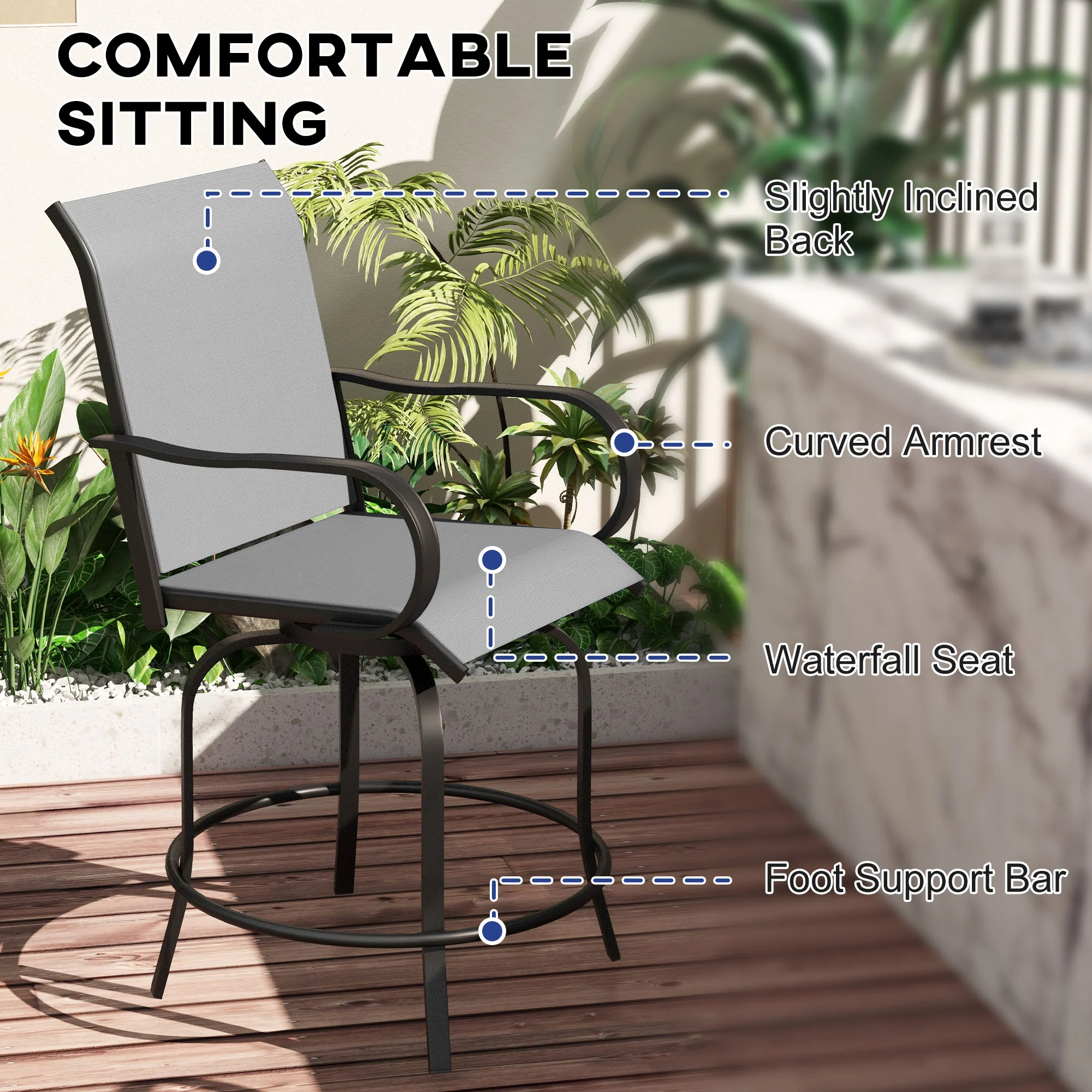 2 Pieces Outdoor Bar Stools, 360° Swivel Bar Height Chairs, 26.8" x 29.5" x 48.4", Grey - Image 7