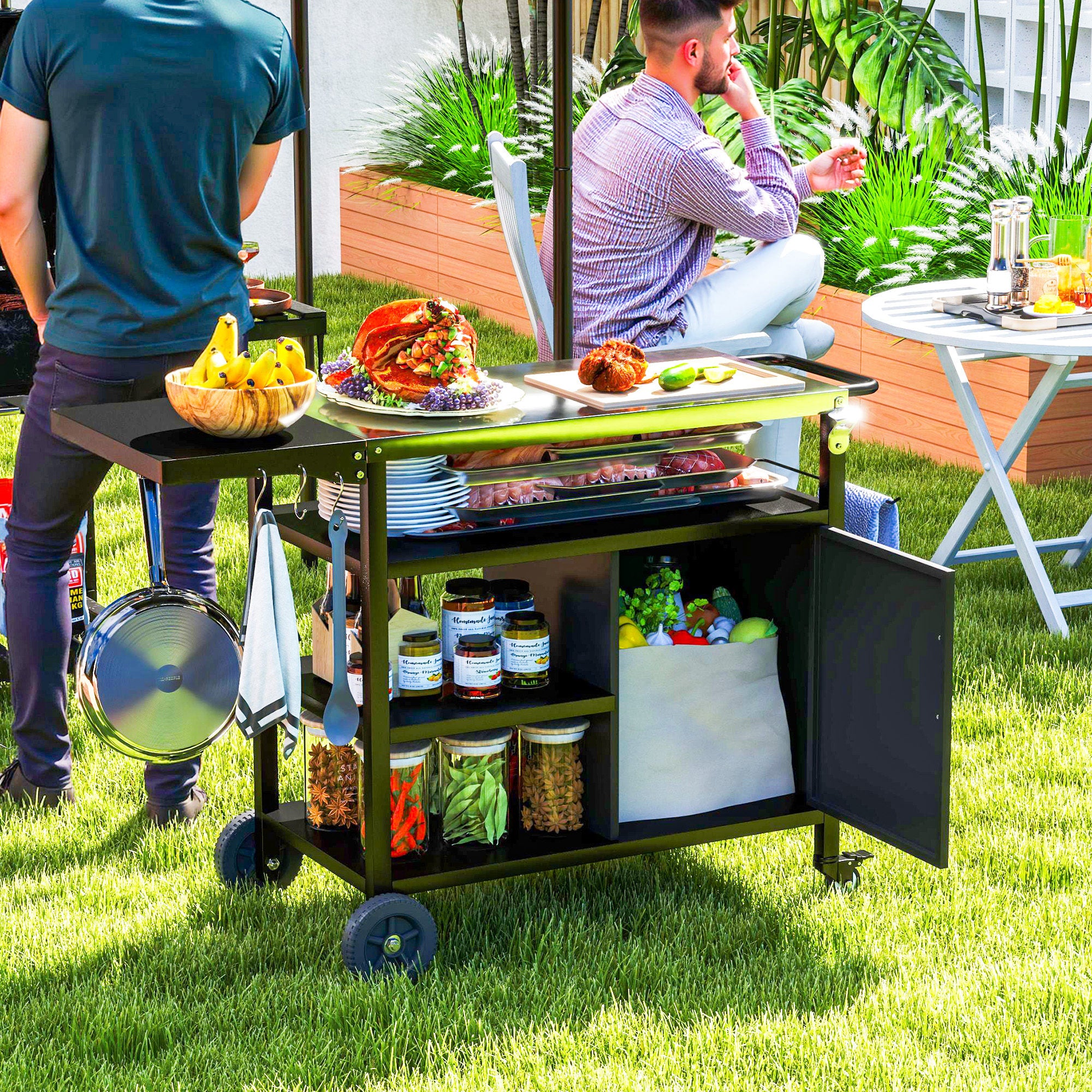 Outdoor BBQ Trolley with Foldable Side Table, Stainless Steel Top & Shelves, Black - Image 3
