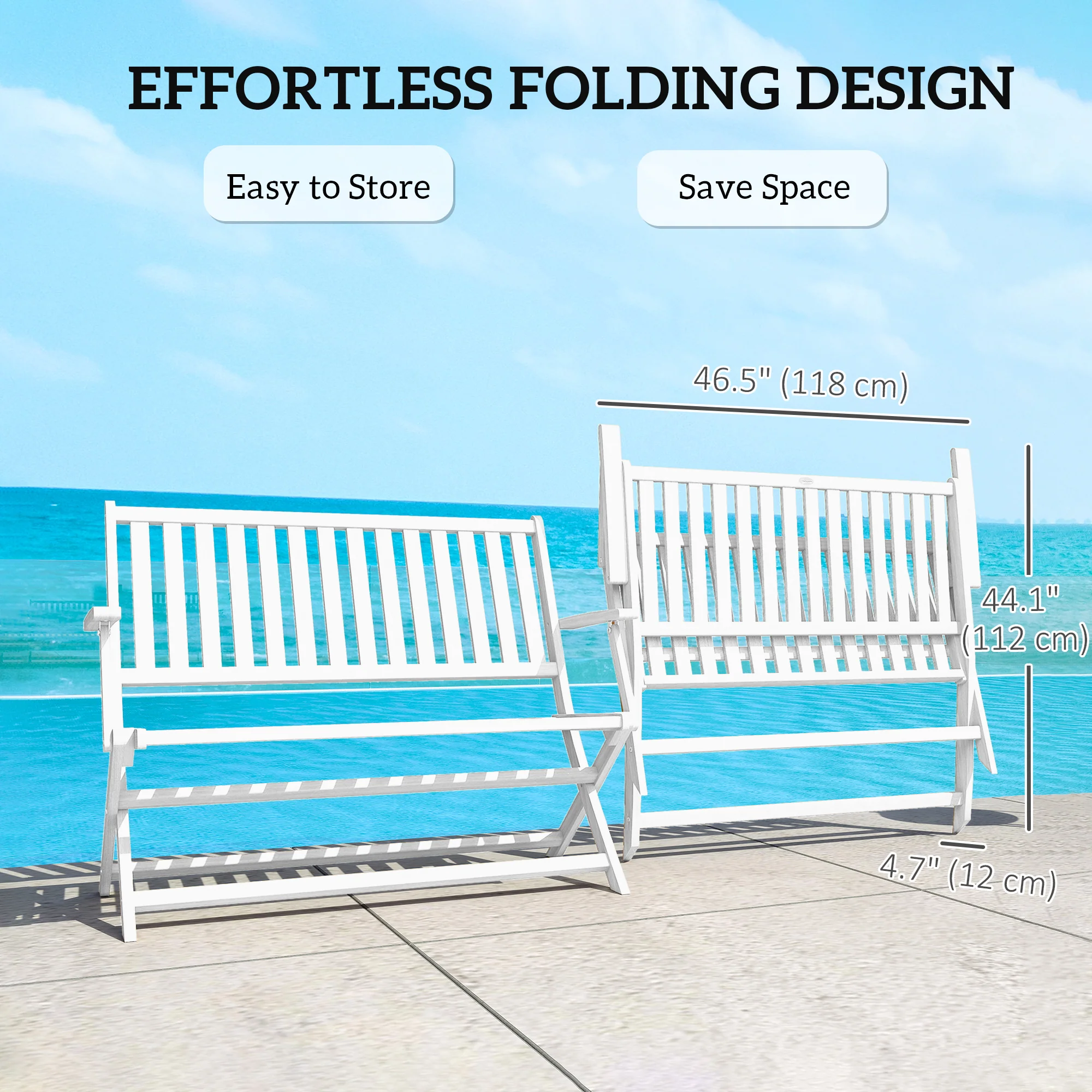 46.5" Foldable Wood Outdoor Bench with Backrest and Armrests for Patio, Porch, White - Image 6