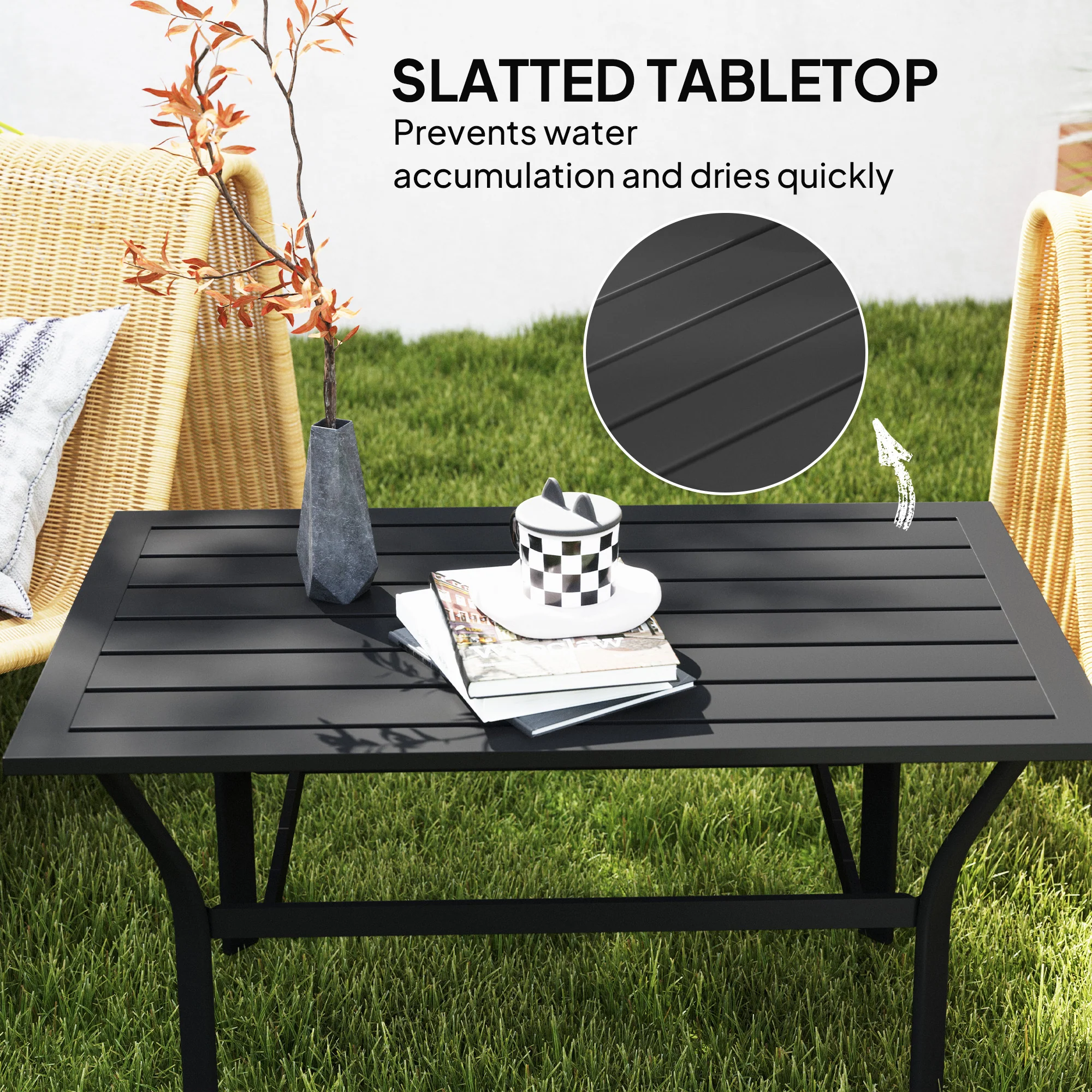 Outdoor Coffee Table, All-Weather Rectangle Metal Patio Coffee Table with Slatted Tabletop for Outside, Patio, Garden, Balcony, Backyard, Black - Image 6