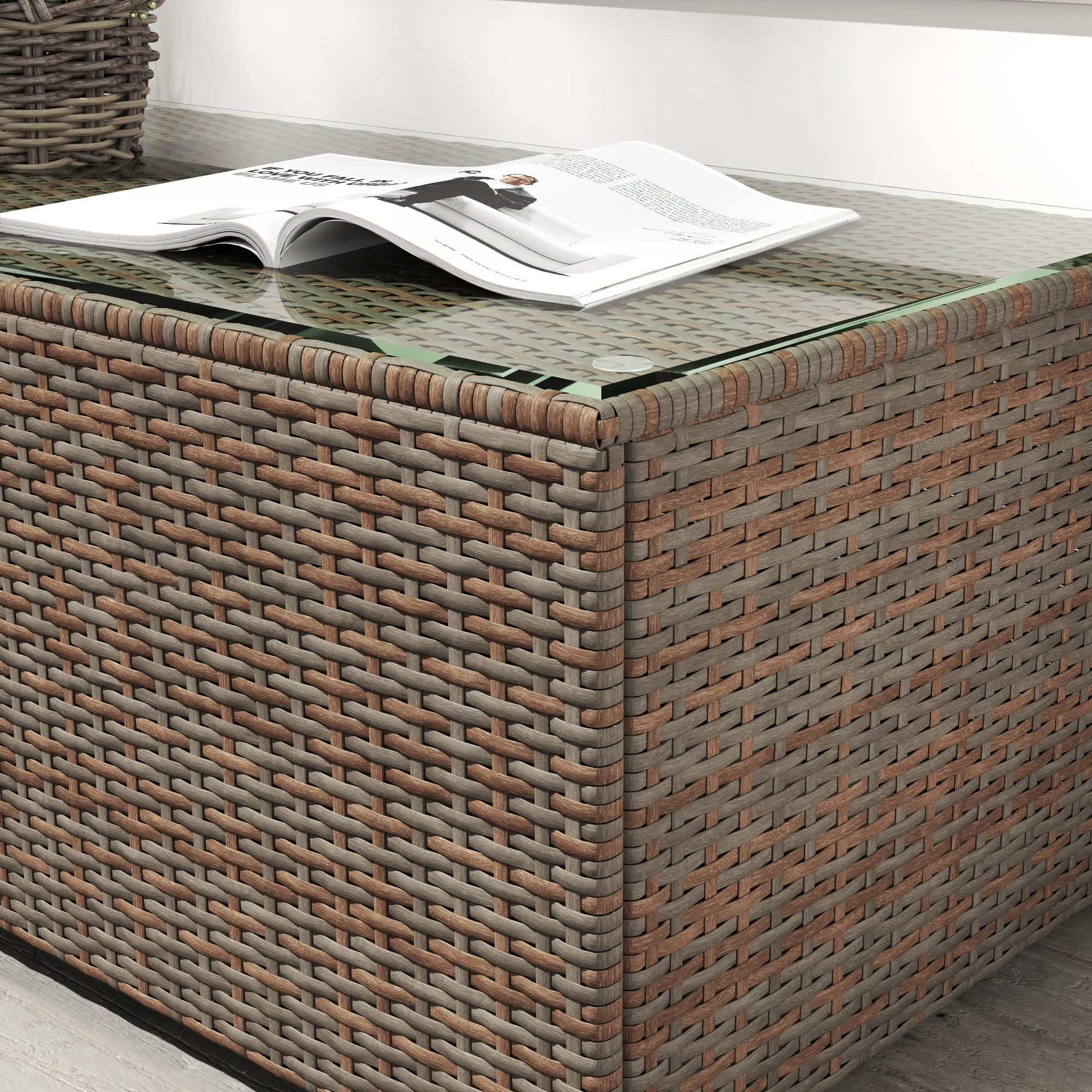 PE Rattan Side Table with Tempered Glass Top & Steel Frame, 90 x 50 x 38cm, Brown - Image 11