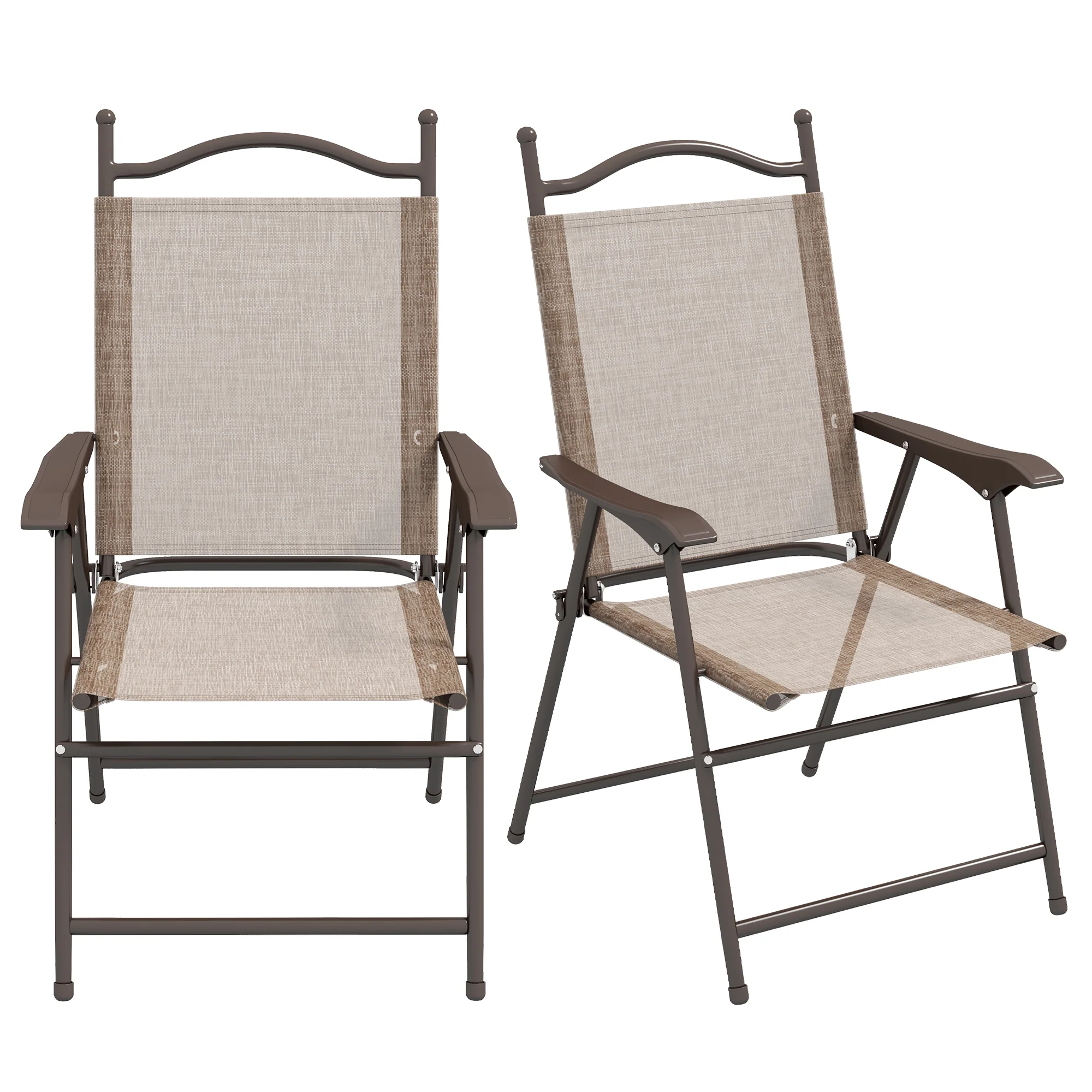2 Pieces Folding Patio Camping Chairs Set with Armrest & Mesh Fabric Seat for Porch, Brown - Image 2