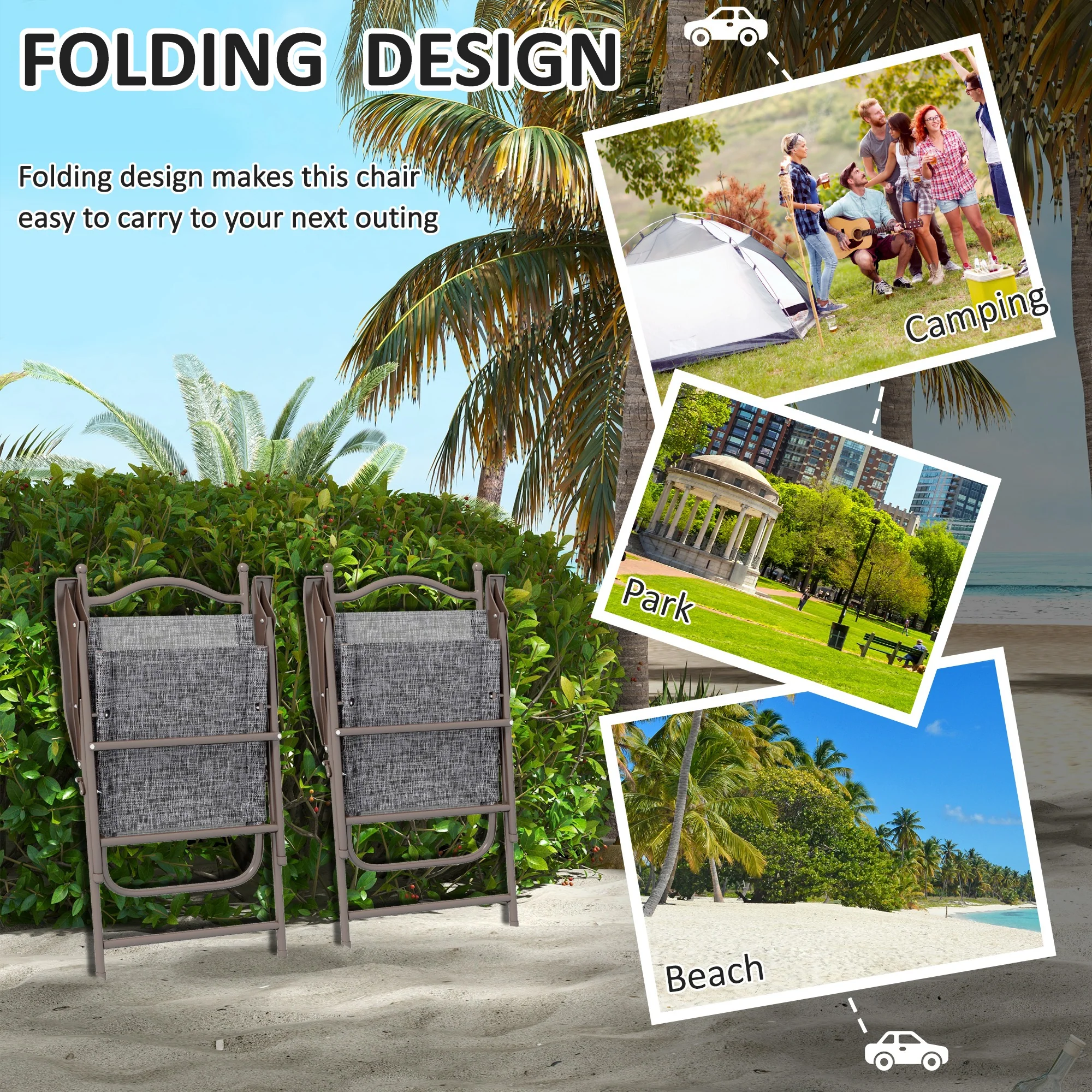 2 Pieces Folding Patio Camping Chairs Set with Armrest & Mesh Fabric Seat for Porch, Grey - Image 6