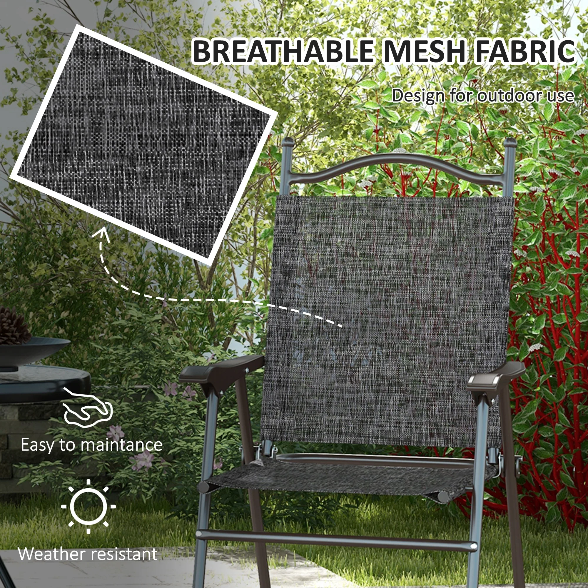 2 Pieces Folding Patio Camping Chairs Set with Armrest & Mesh Fabric Seat for Porch, Grey - Image 7