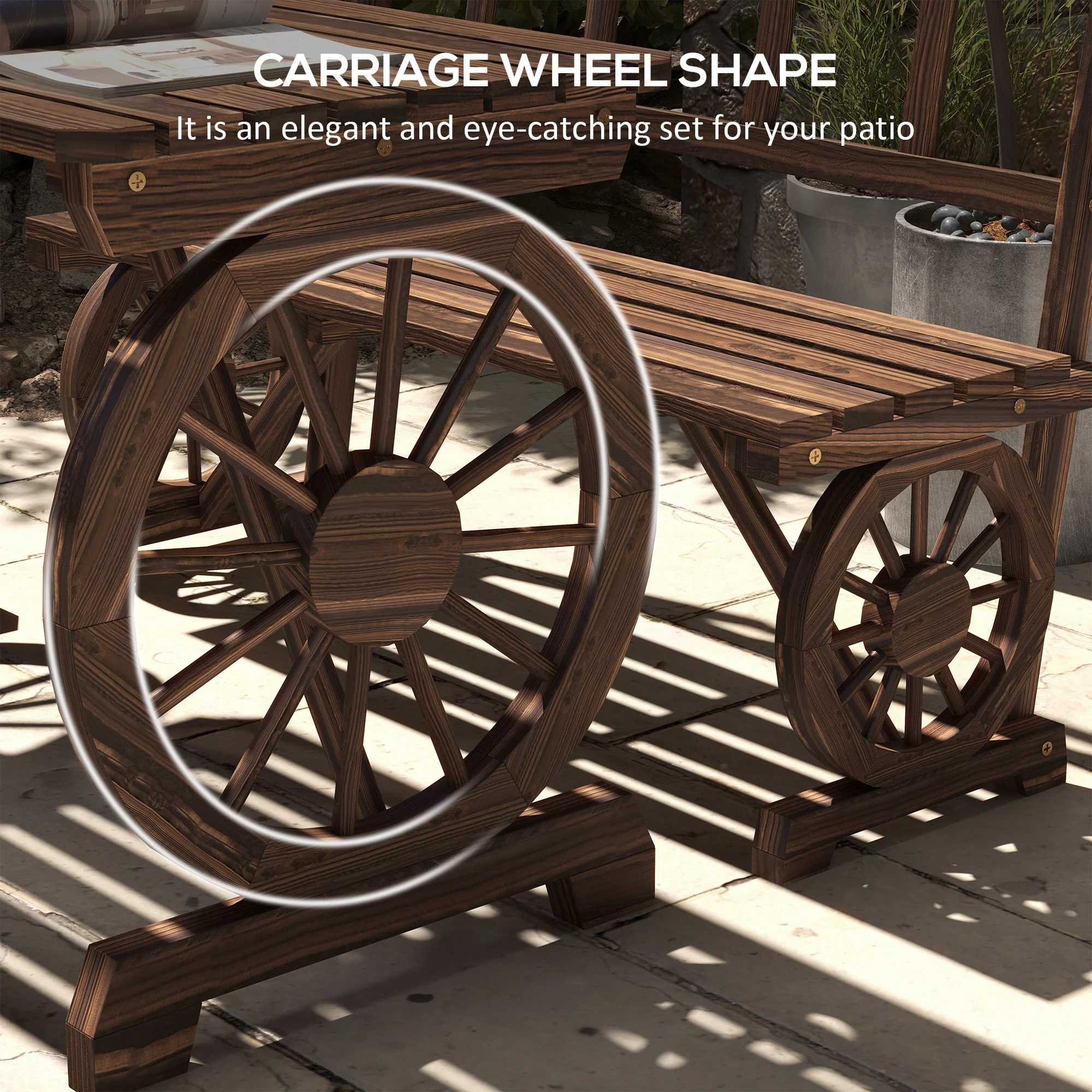 3PC Outdoor Wooden Table & Chairs for 4, Carriage Wheels Patio Set for Porch, Carbonized - Image 6