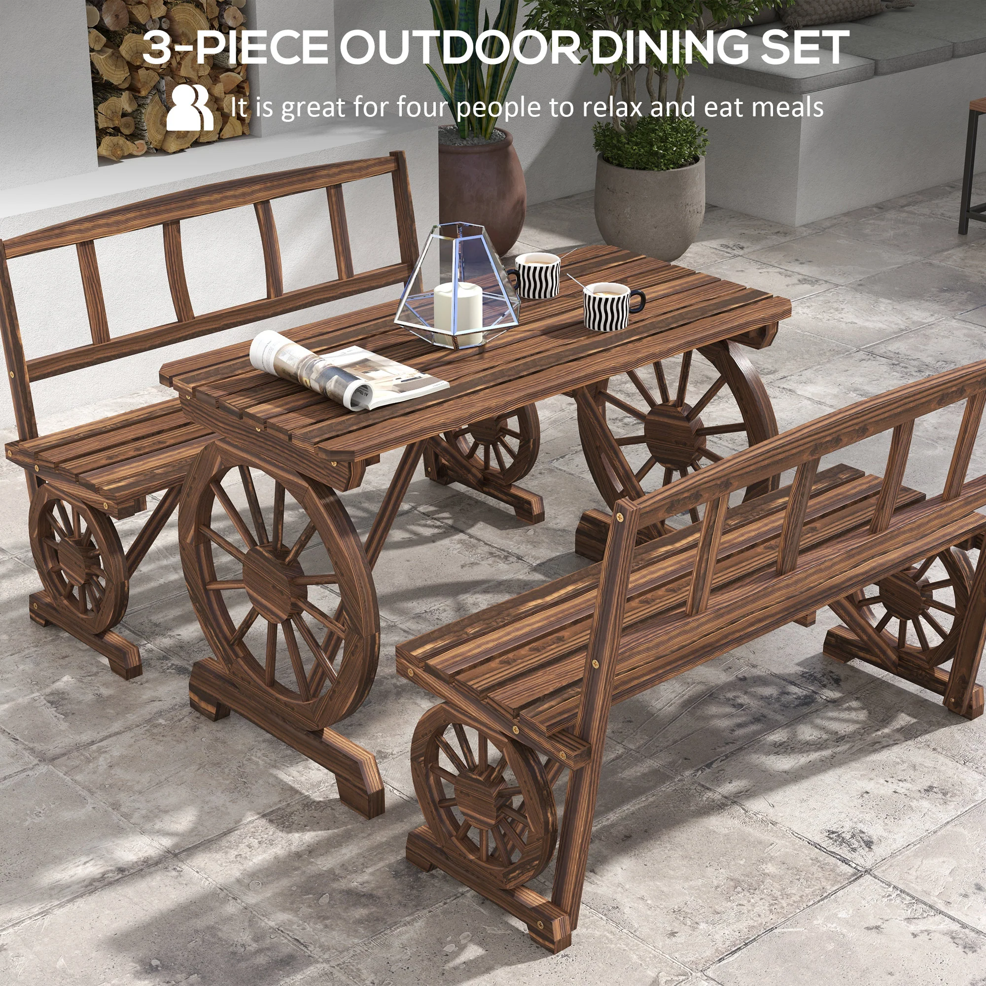 3PC Outdoor Wooden Table & Chairs for 4, Carriage Wheels Patio Set for Porch, Carbonized - Image 7