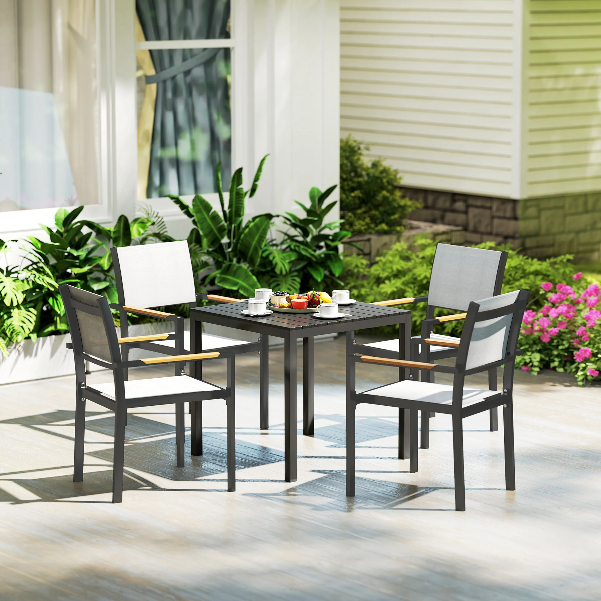 Square Outdoor Dining Table for 4 with Aluminum Steel Frame & Wood Grain Top, Black - Image 10