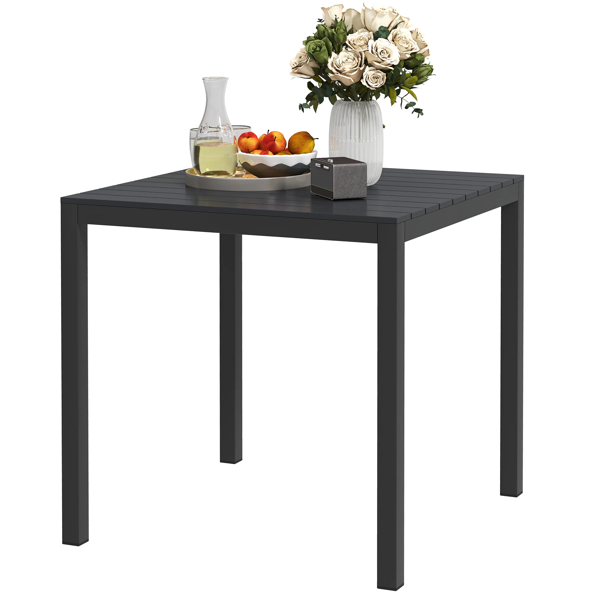 Square Outdoor Dining Table for 4 with Aluminum Steel Frame & Wood Grain Top, Black - Image 2
