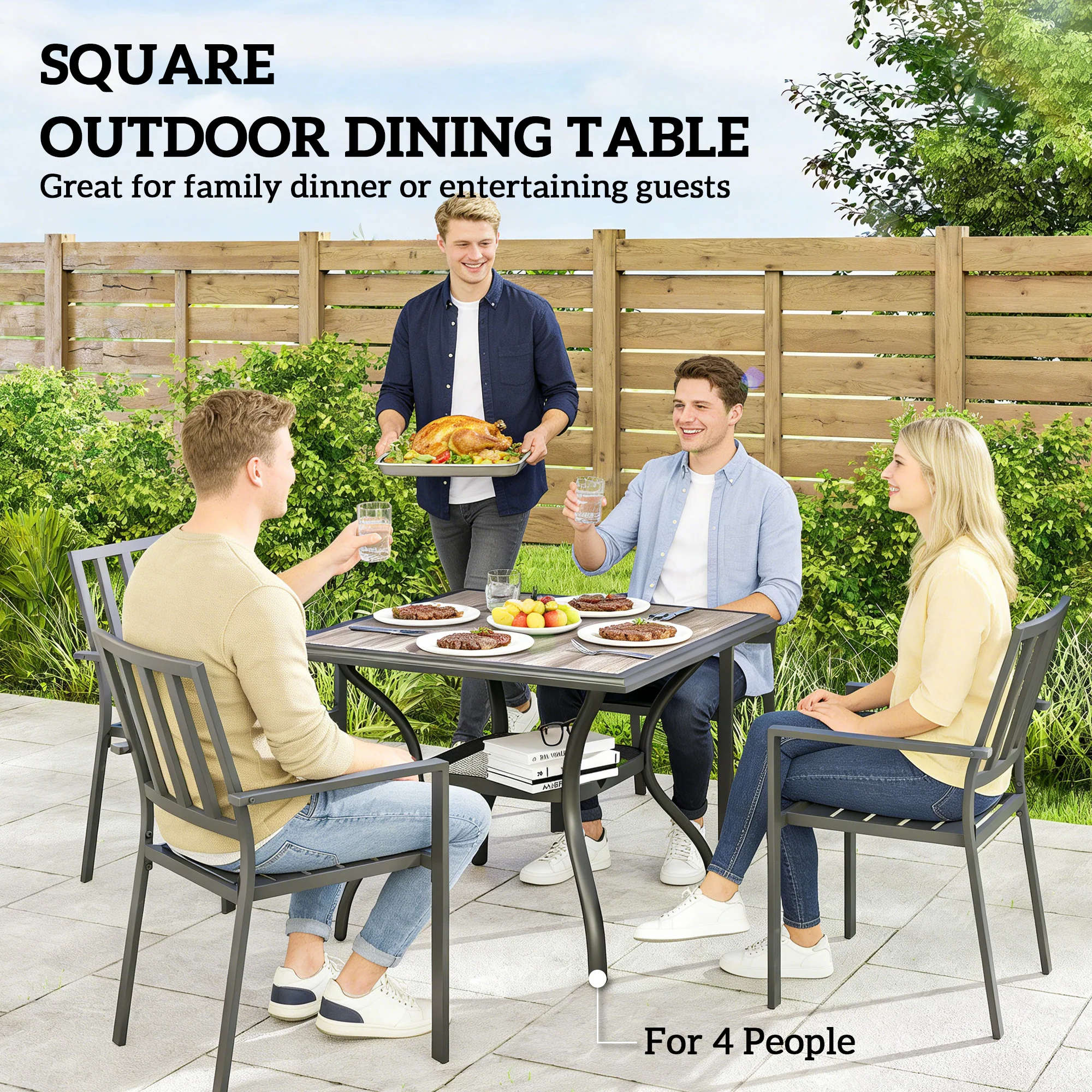 Outdoor Dining Table for 4 People, 37" Square Outdoor Patio Table with Umbrella Hole, Storage Shelf and Faux Wood Top, Metal Frame Outdoor Furniture for Garden, Backyard, Deck, Gray - Image 6