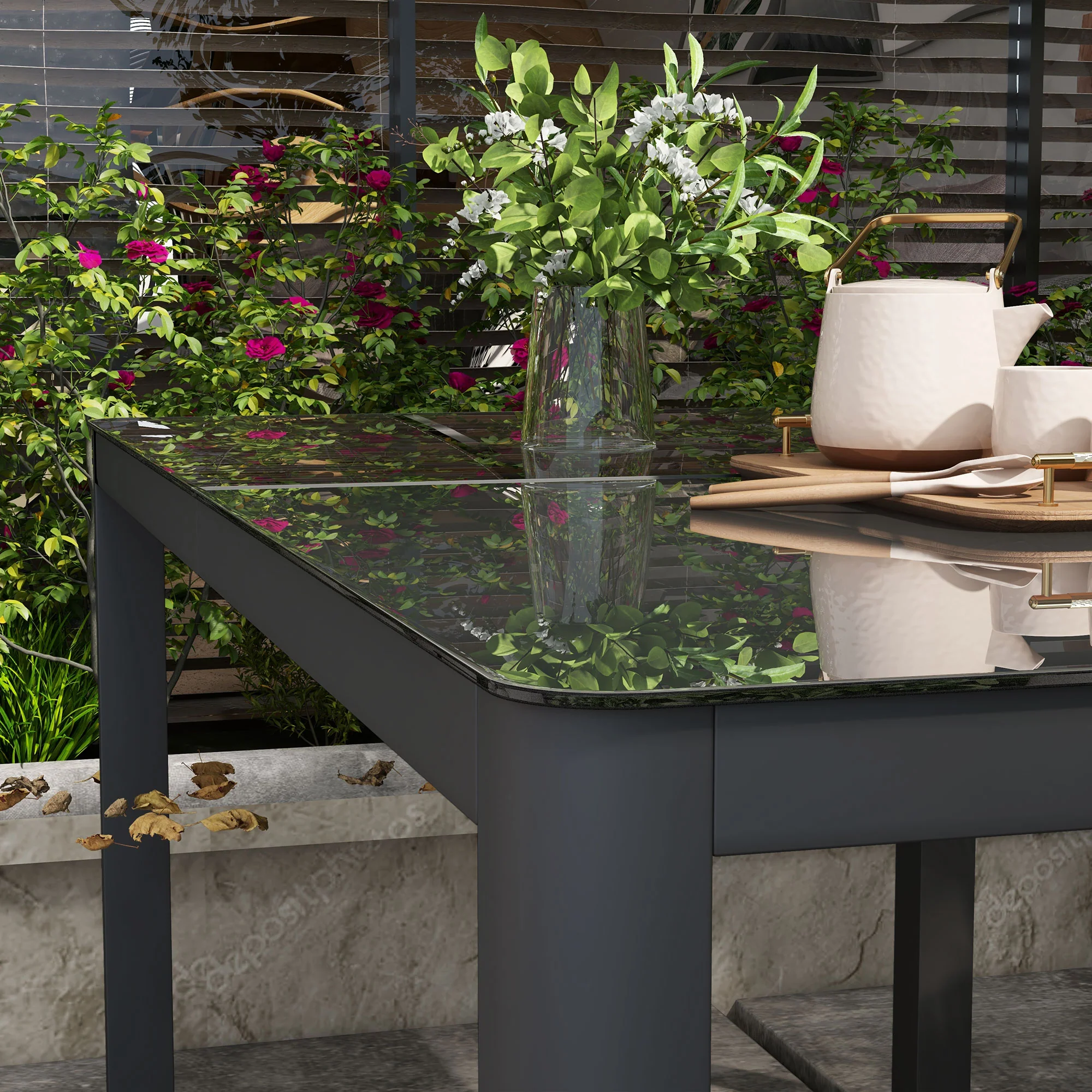 Outdoor Dining Table for 6, Tempered Glass Top and Aluminium Frame, Garden Table for Balcony, Porch, Terrace, 150cm x 88cm, Grey - Image 10