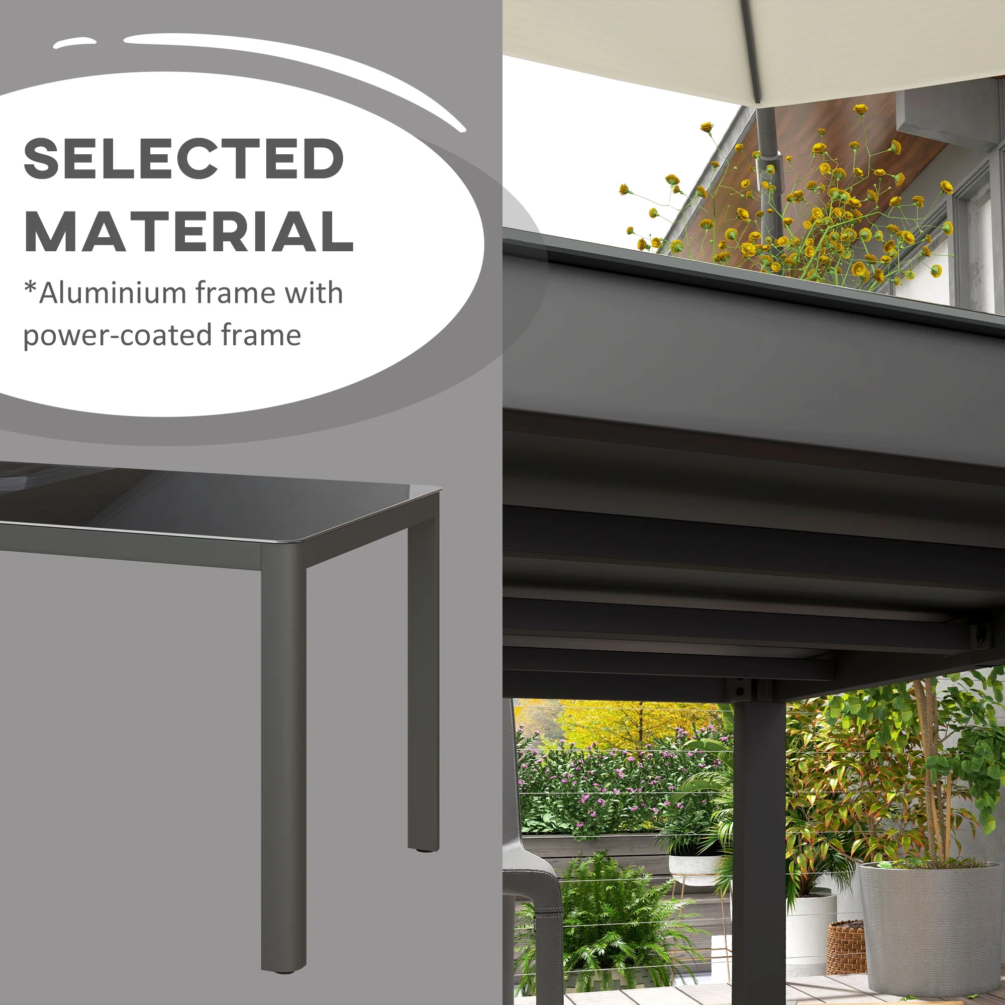 Outdoor Dining Table for 6, Tempered Glass Top and Aluminium Frame, Garden Table for Balcony, Porch, Terrace, 150cm x 88cm, Grey - Image 7