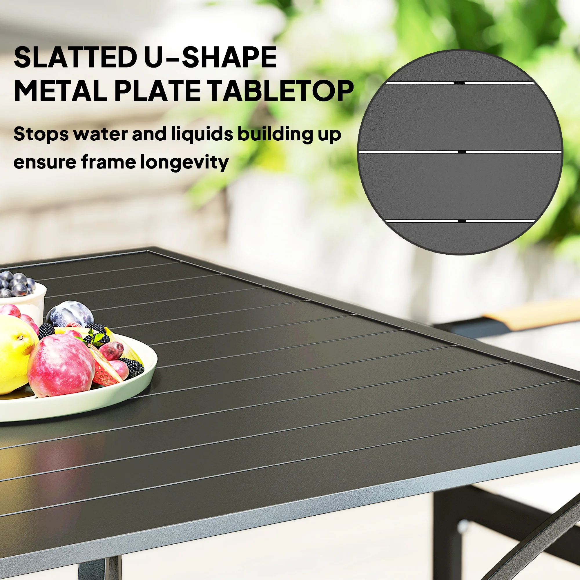 Outdoor Patio Table for 4, Square Garden Table w/ Parasol Hole & Slatted Metal Top, Black - Image 7
