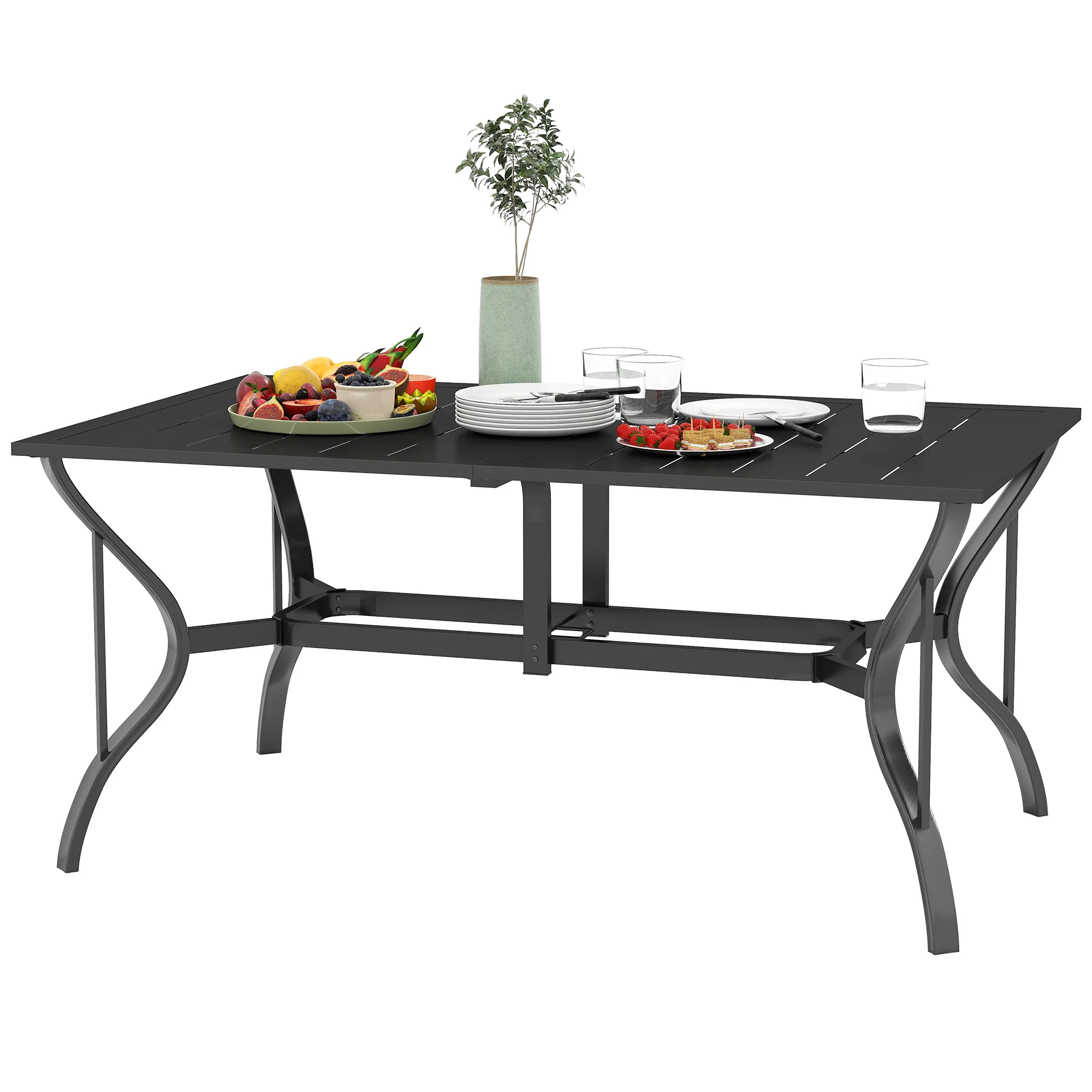 Rectangle Steel Patio Dining Table for 6, Outdoor Dining Table with Umbrella Hole, Black - Image 2