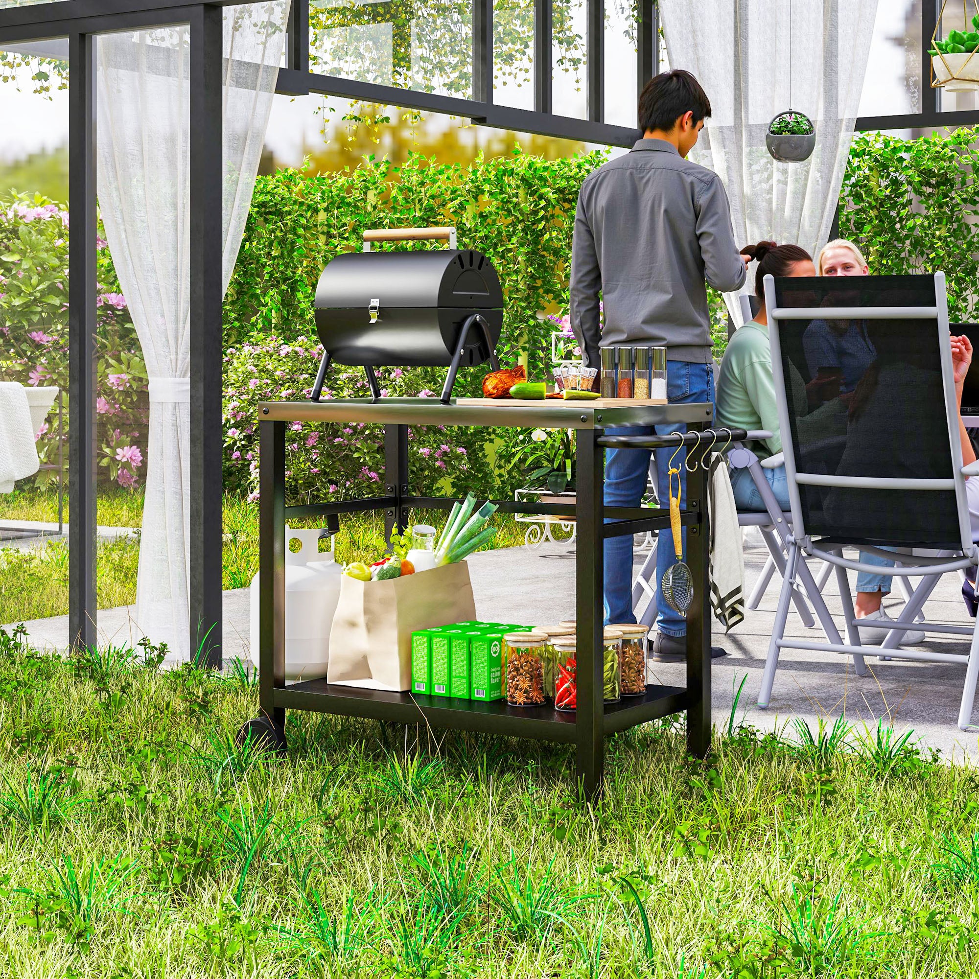 Outdoor Grill Dining Cart with Stainless Steel Tabletop, 2-Shelf BBQ Movable Pizza Oven Stand with Wheels, Charcoal Grey - Image 4