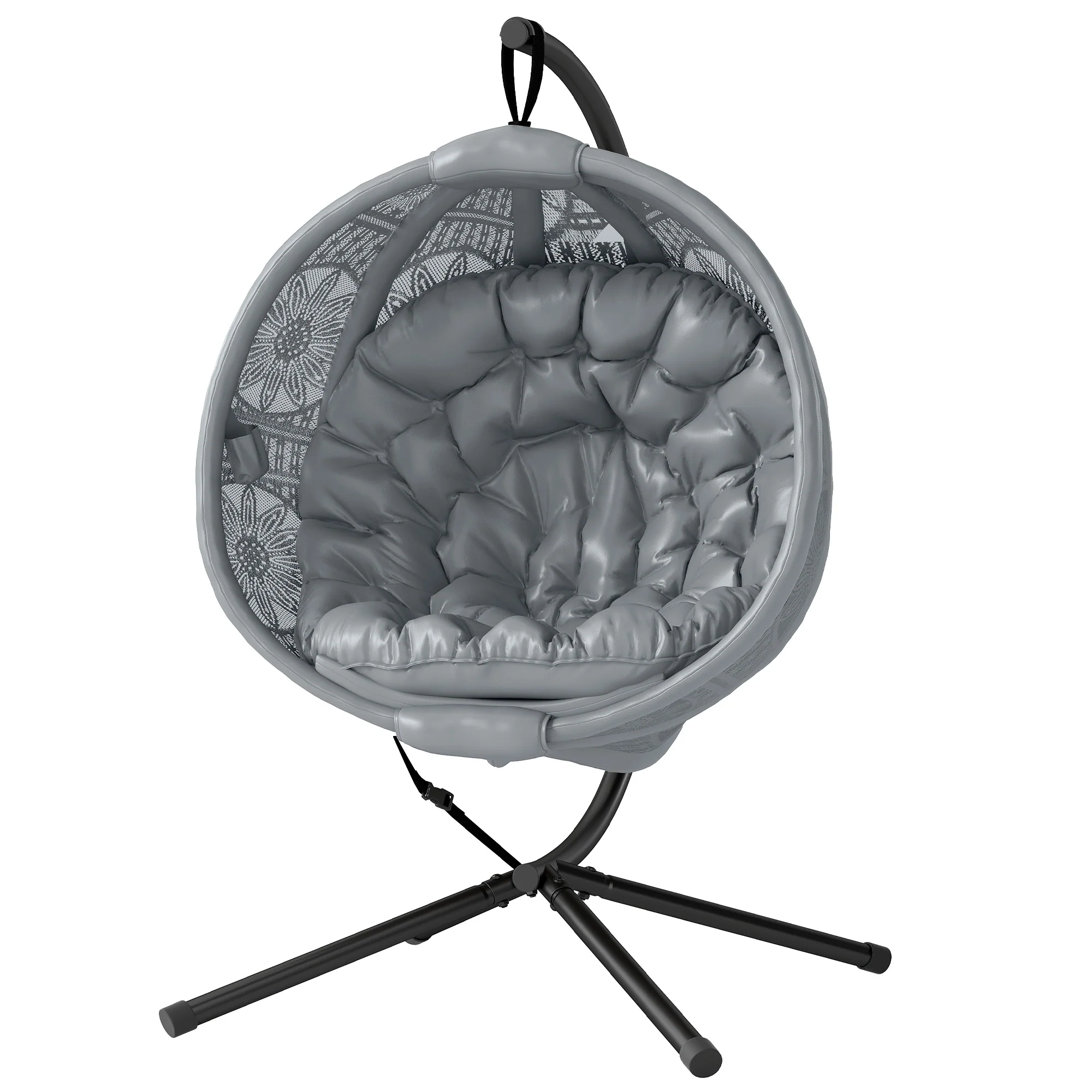 Outdoor Hanging Chair, Swing Chair with Metal Stand, Thick Padded Cushion, Foldable Basket and Side Pocket, for Indoor and Outdoor, Charcoal Grey - Image 2