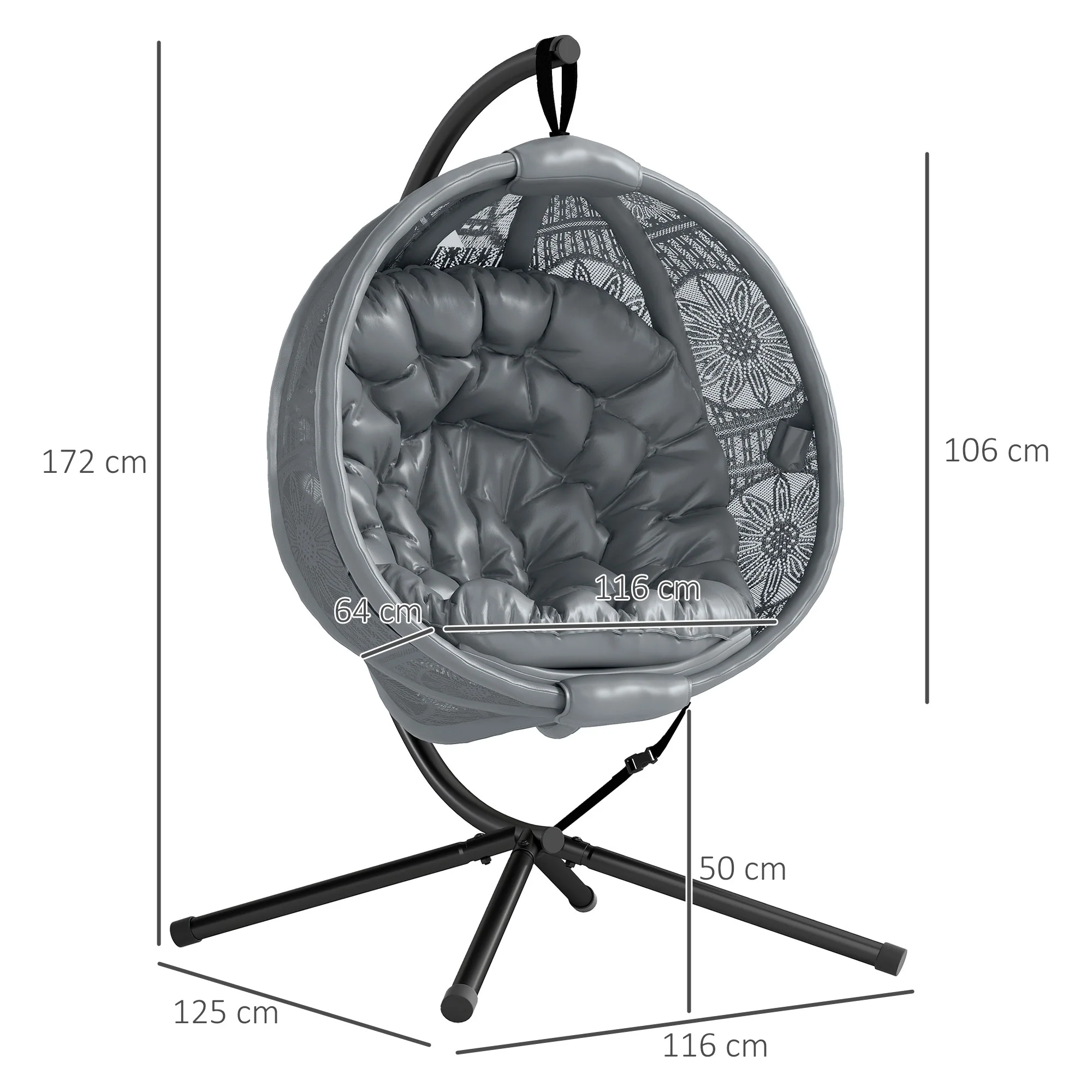 Outdoor Hanging Chair, Swing Chair with Metal Stand, Thick Padded Cushion, Foldable Basket and Side Pocket, for Indoor and Outdoor, Charcoal Grey - Image 5