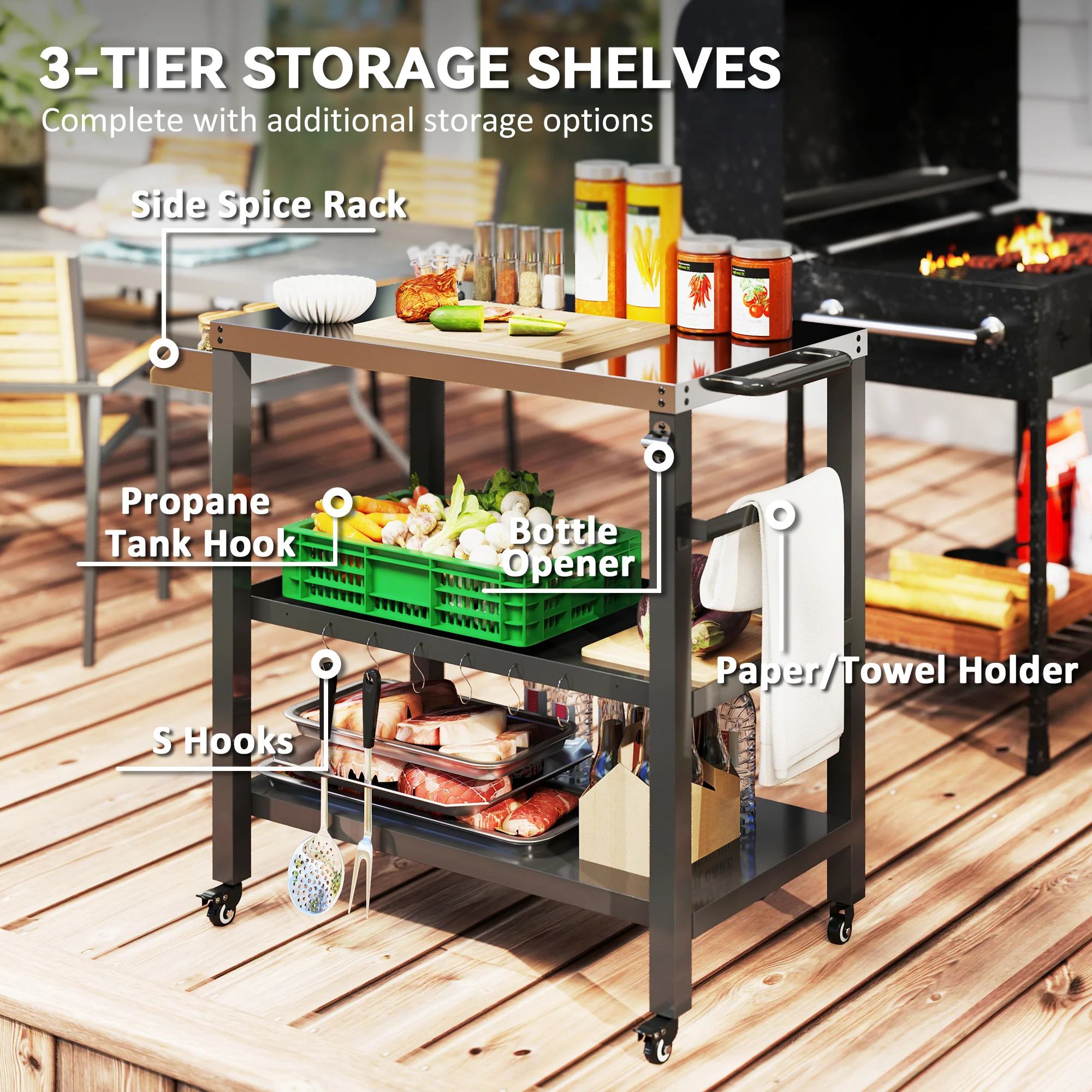 Three-Shelf Outdoor Kitchen Prep Station with Wheels, Black - Image 7