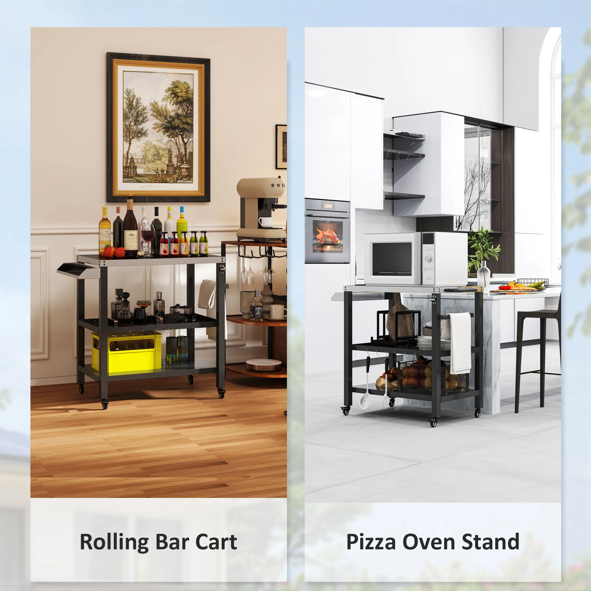 Three-Shelf Outdoor Kitchen Prep Station with Wheels, Black - Image 9