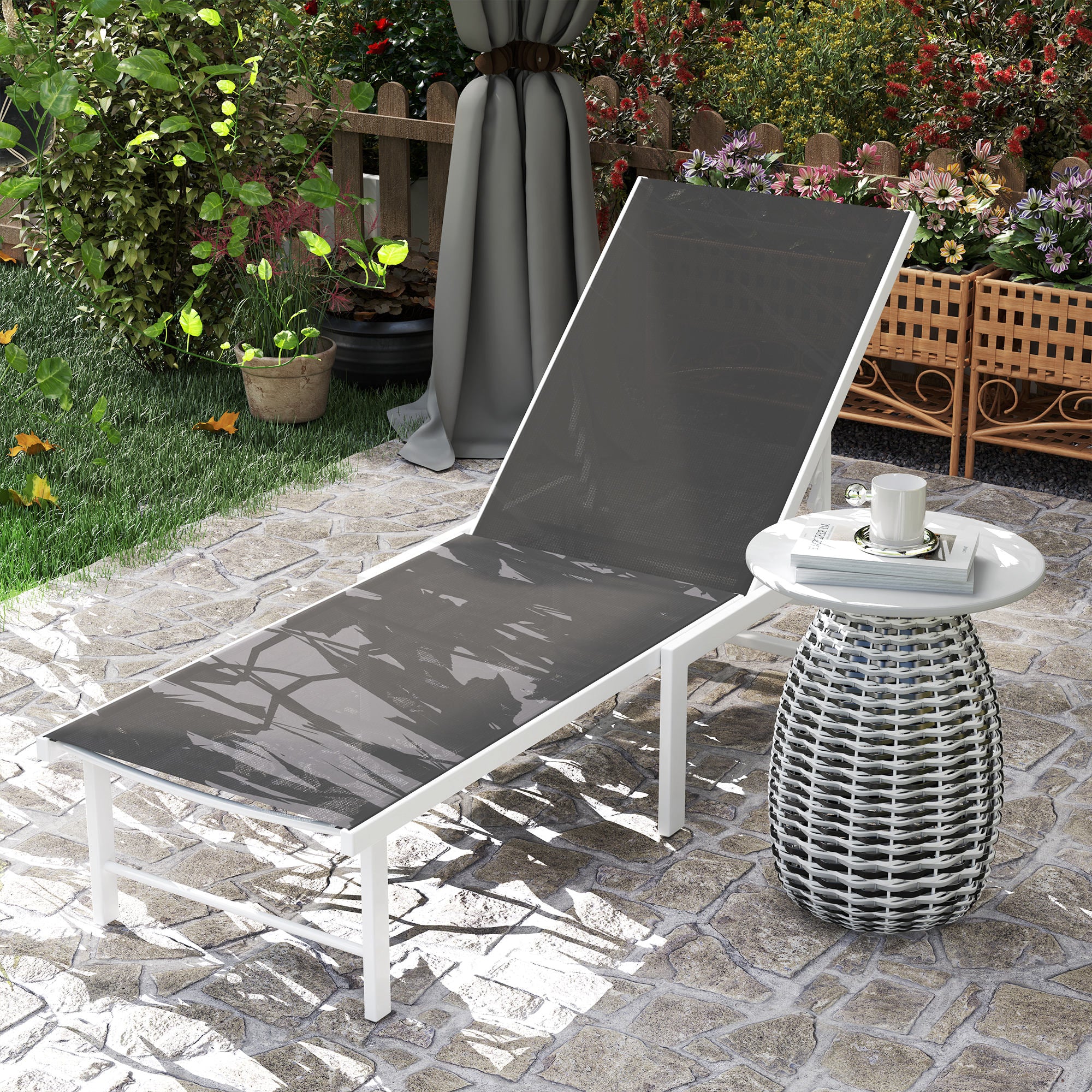 Reclining Outdoor Chaise Lounge Chair w/ 5-Level Adjustable Backrest & Mesh Seat, Grey - Image 10