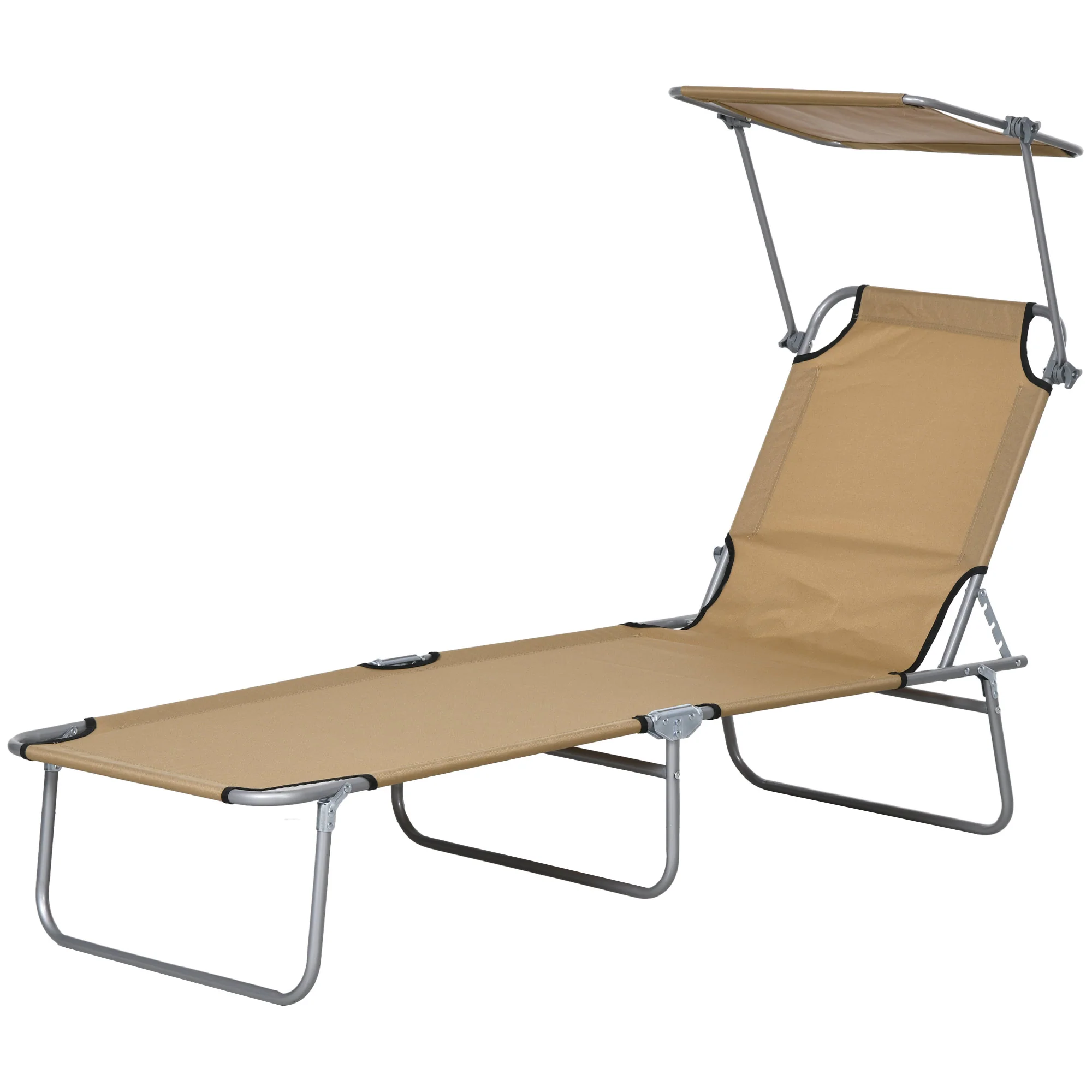 Outdoor Lounge Chair, Adjustable Folding Chaise Lounge with Sun Shade for Beach, Camping, Hiking, Brown - Image 2