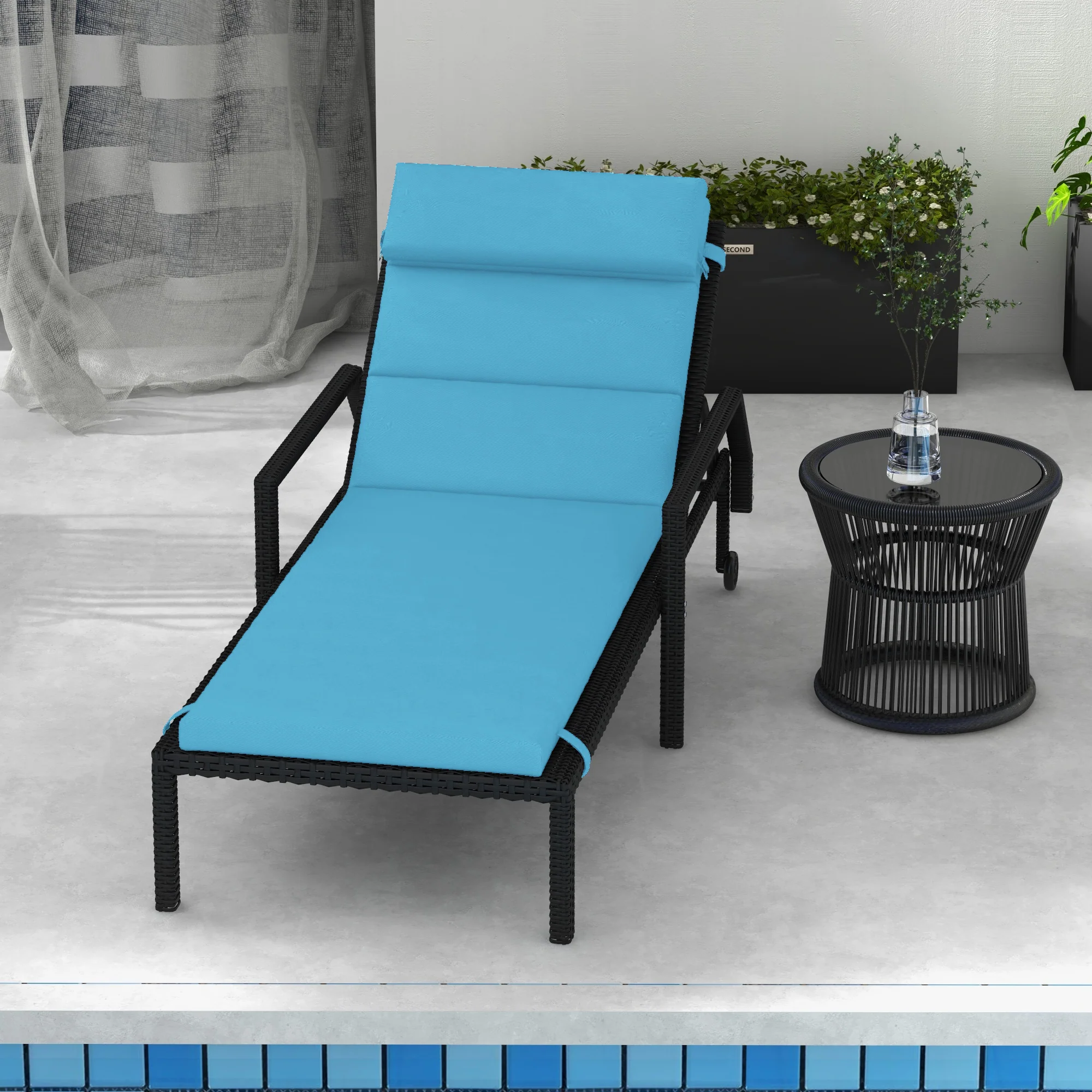 Patio Chaise Lounge Chair Cushion Replacement Lounger Pads w/ Headrest & Ties, Turquoise - Image 9