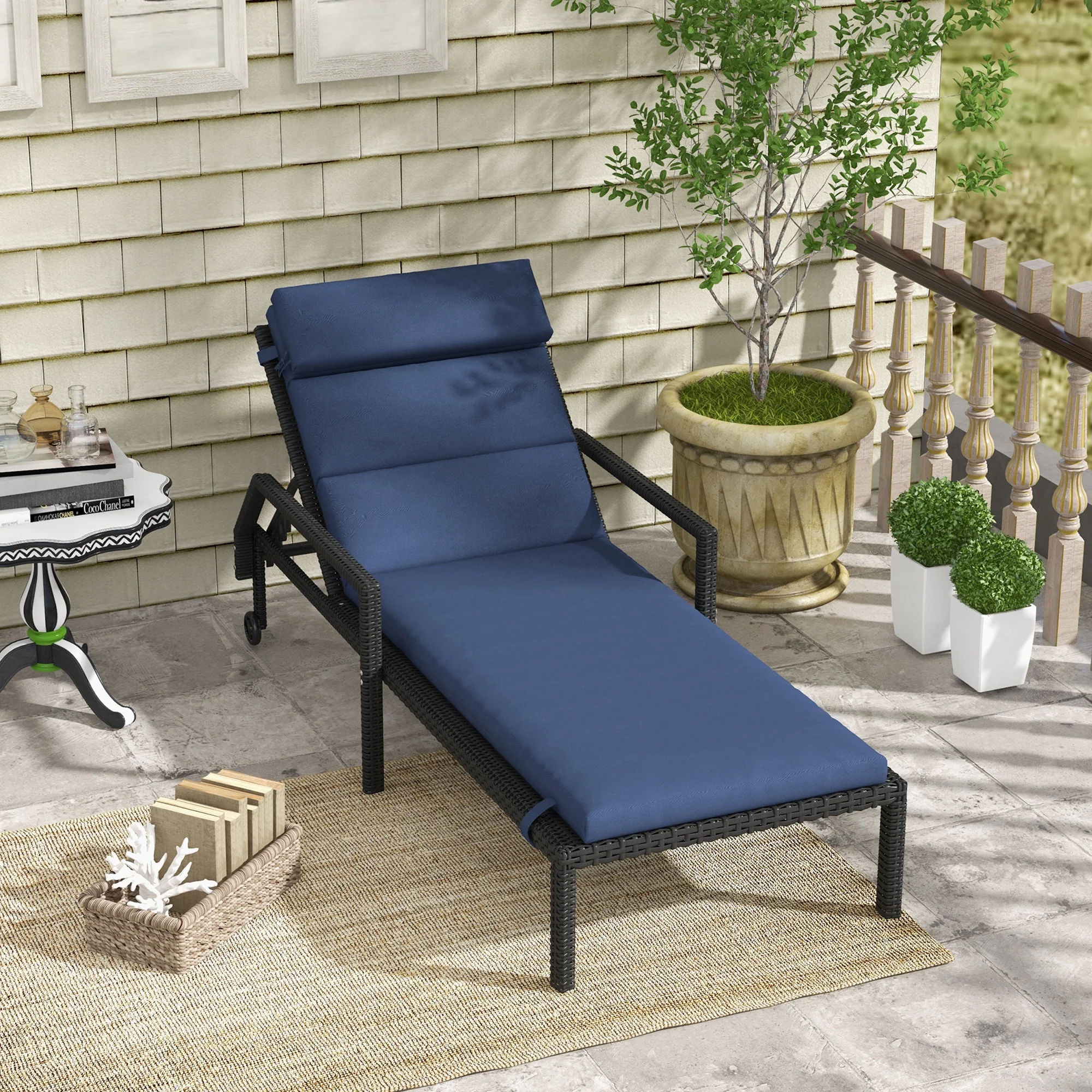 Patio Chaise Lounge Chair Cushion Replacement Lounger Pads w/ Headrest & Ties, Dark Blue - Image 3