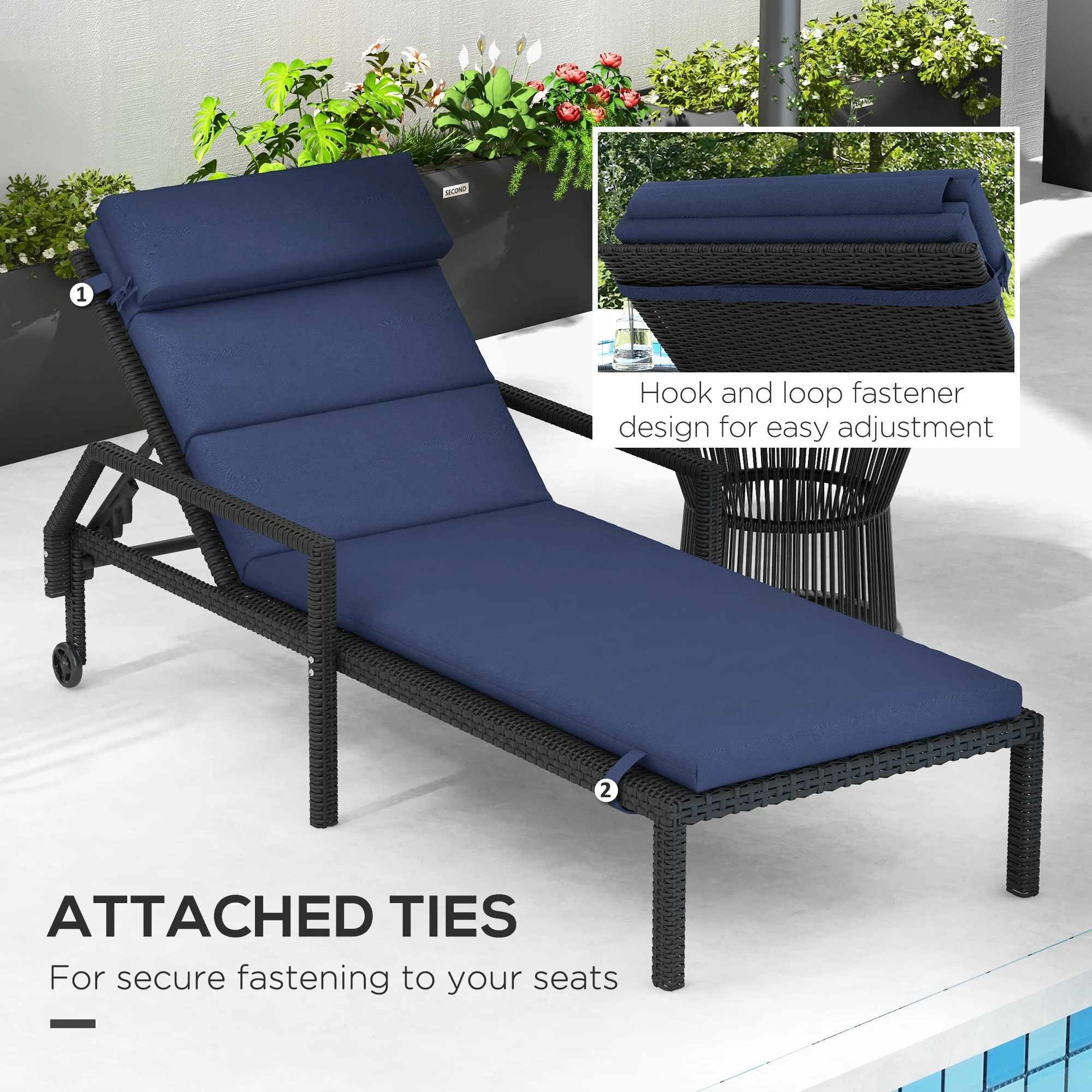 Patio Chaise Lounge Chair Cushion Replacement Lounger Pads w/ Headrest & Ties, Dark Blue - Image 8