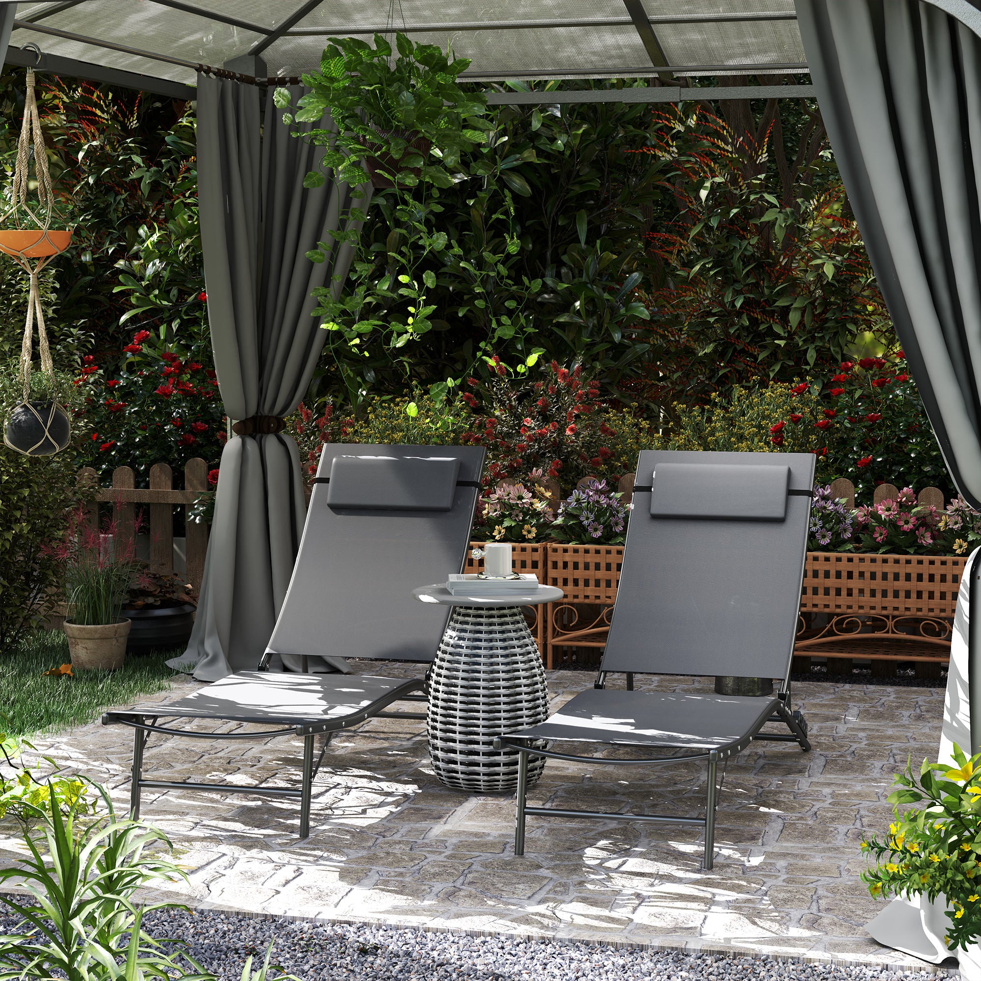 Folding Outdoor Chaise Lounge Chair Set of 2 with Adjustable Backrest & Headrest, Grey - Image 3