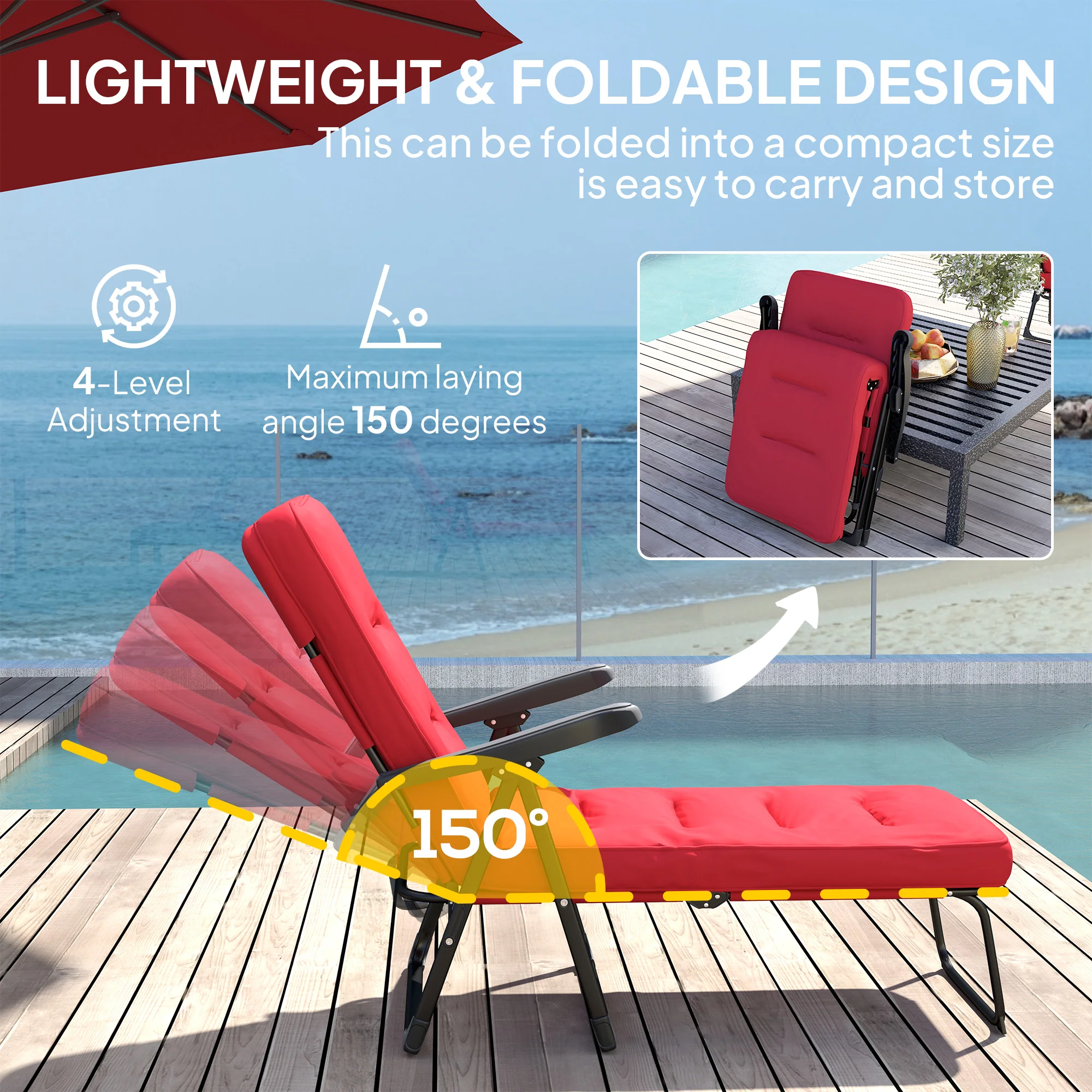 Outdoor Folding Reclining Lounge Chair with Padded Cushion Recline Back & Footrest, Wine Red - Image 7
