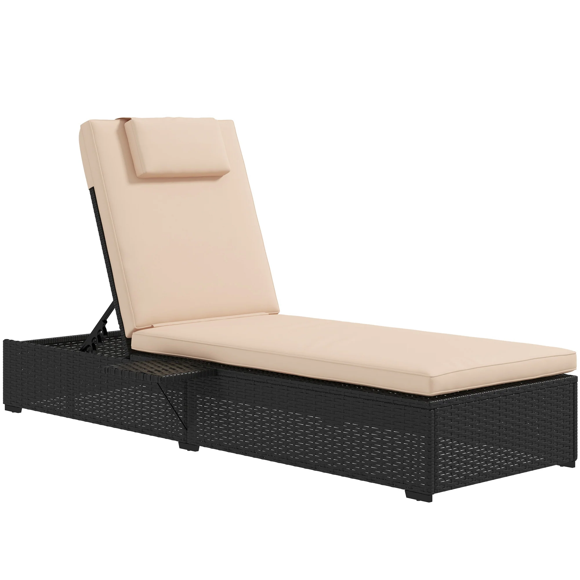 Outdoor Patio Lounger, 5-Level Reclining Wicker Chaise Lounge Chair with Tea Tray, Beige