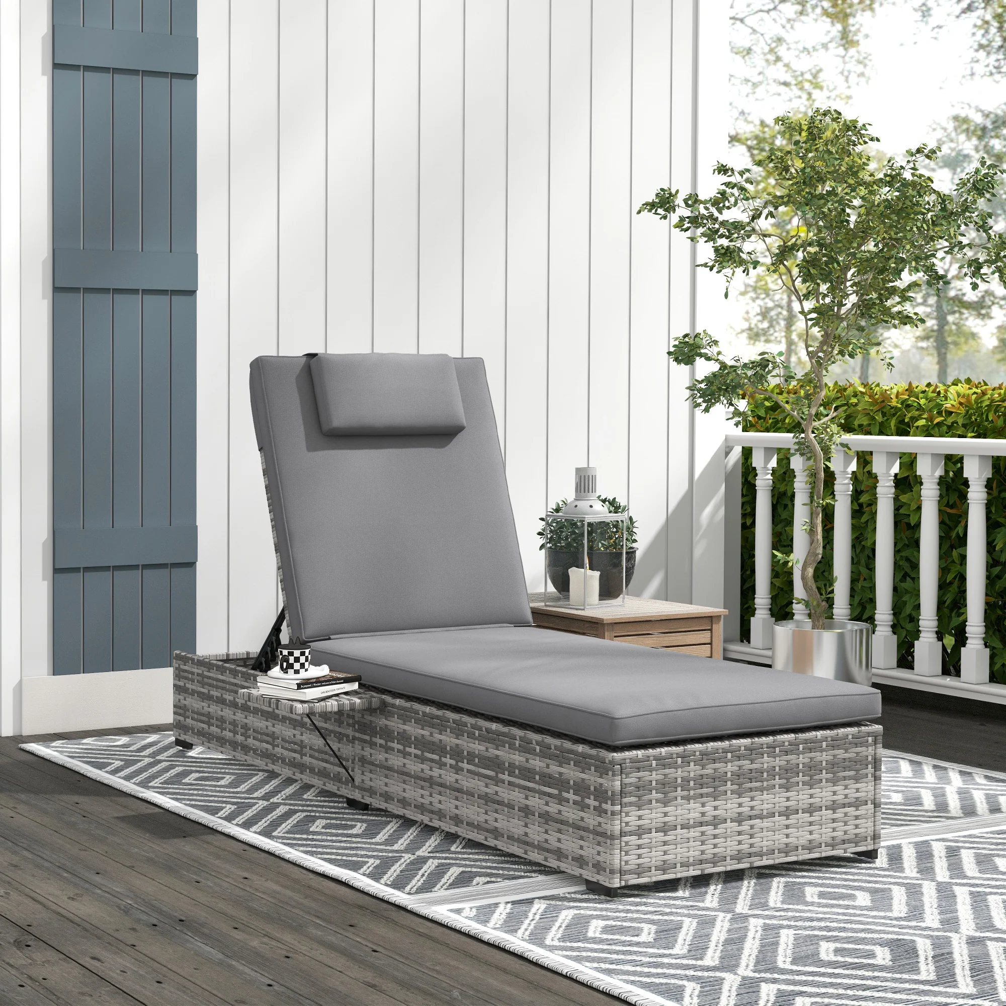 Patio Rattan Sun Lounger, 5-Level Adjustable Recliner Sunbed with Cushion & Tea Tray, Grey - Image 3