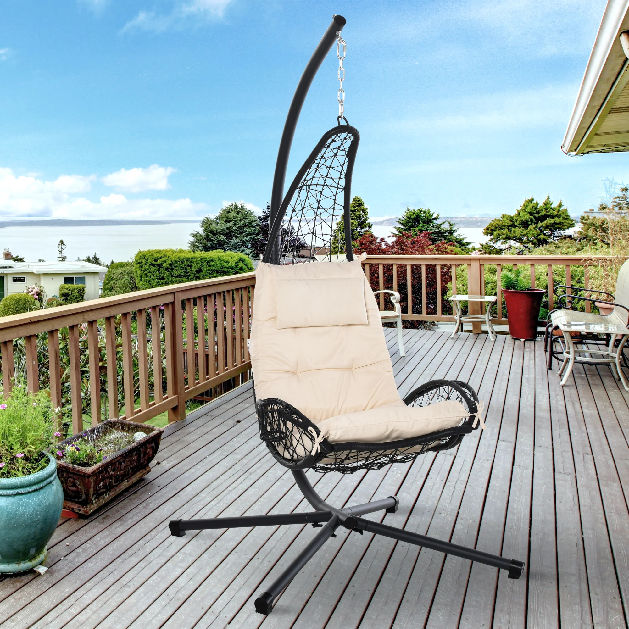 Outdoor Patio Wicker Hanging Egg Chair w/ Stand, Hammock Swing Chair w/ Cup Holder, Beige - Image 3
