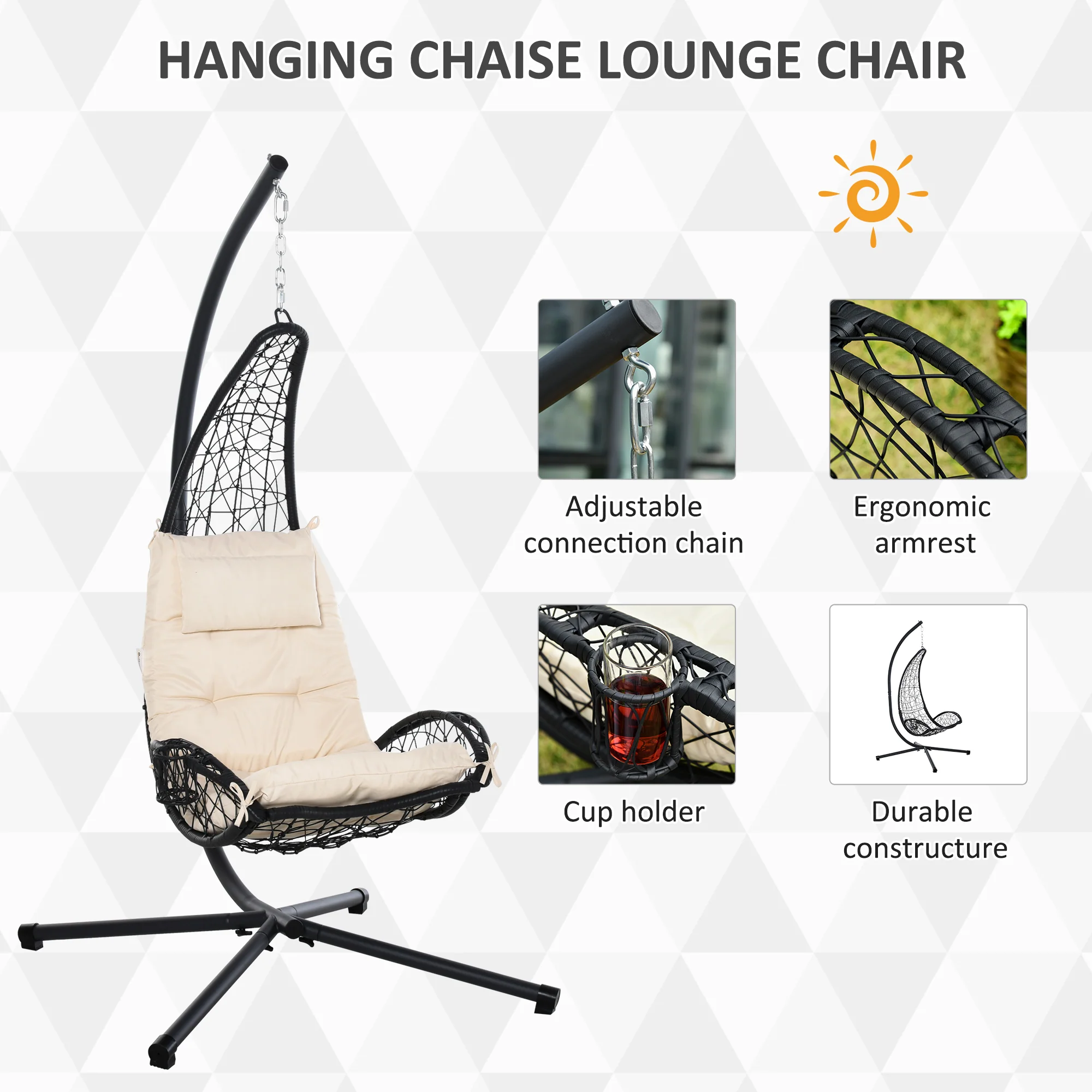 Outdoor Patio Wicker Hanging Egg Chair w/ Stand, Hammock Swing Chair w/ Cup Holder, Beige - Image 7