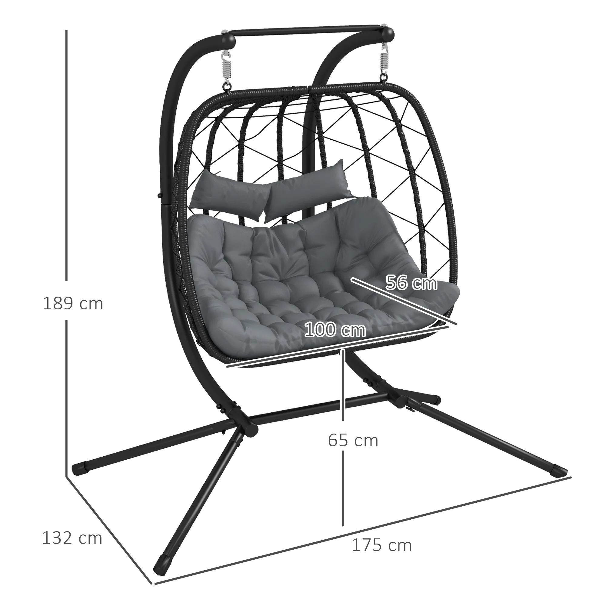 2 Seaters Rattan Swing Chair with Thick Padded Cushion, Headrest & Metal Stand, Black - Image 5