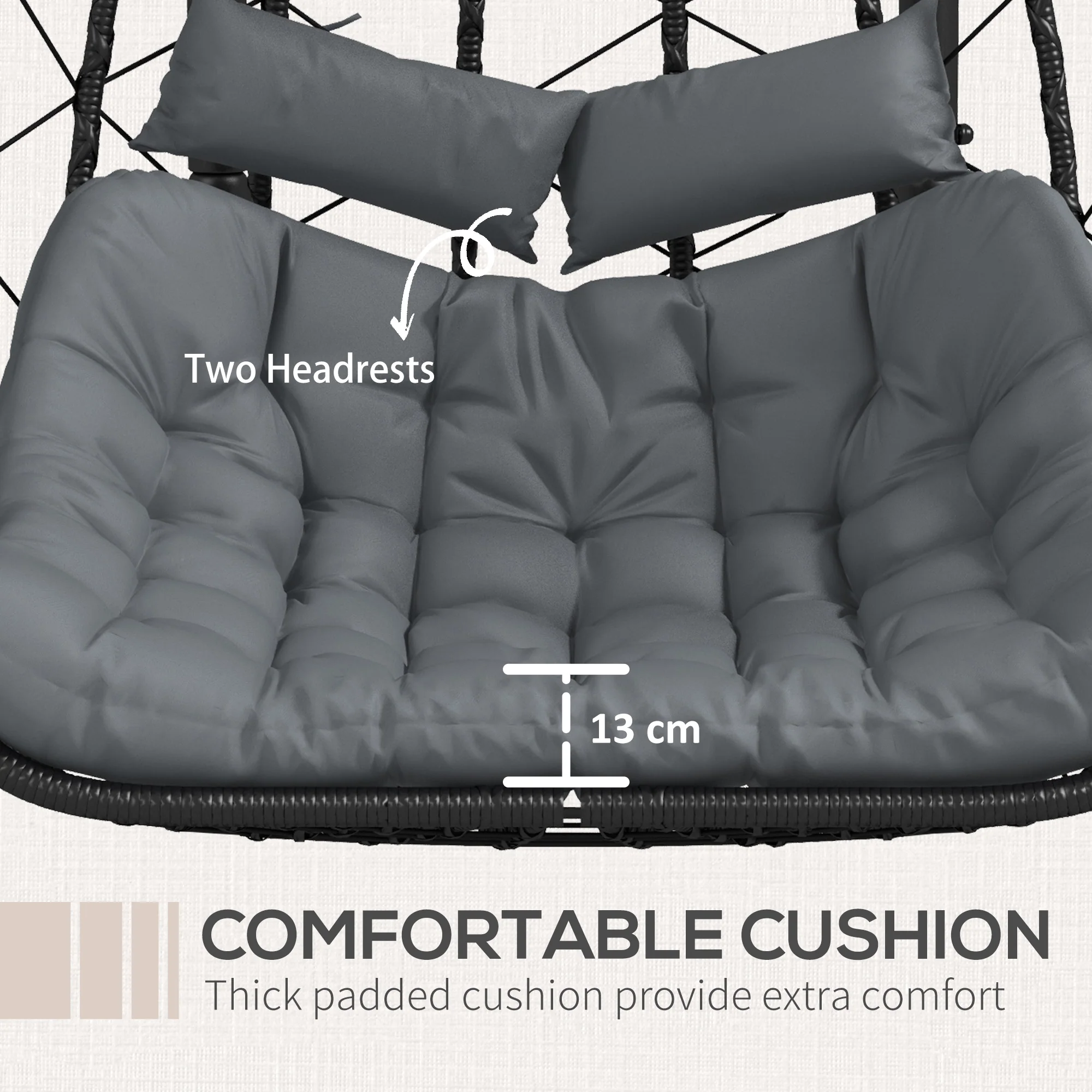 2 Seaters Rattan Swing Chair with Thick Padded Cushion, Headrest & Metal Stand, Black - Image 8