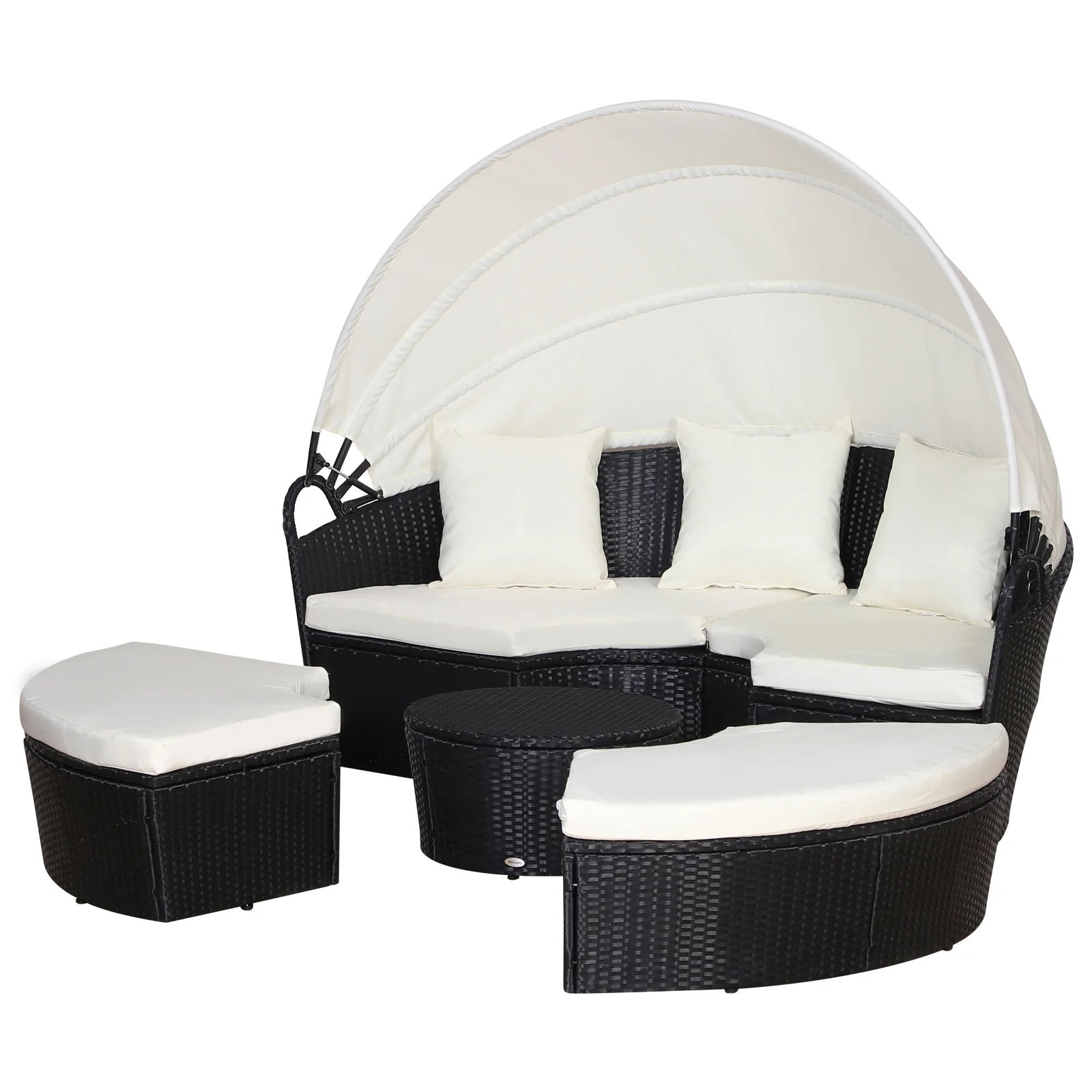 Outdoor PE Rattan Garden Furniture with Cushioned, Patio Wicker Conversation Furniture Set, Round Daybed with Retractable Canopy, Coffee Table and Three Pillows, Black/Beige - Image 2