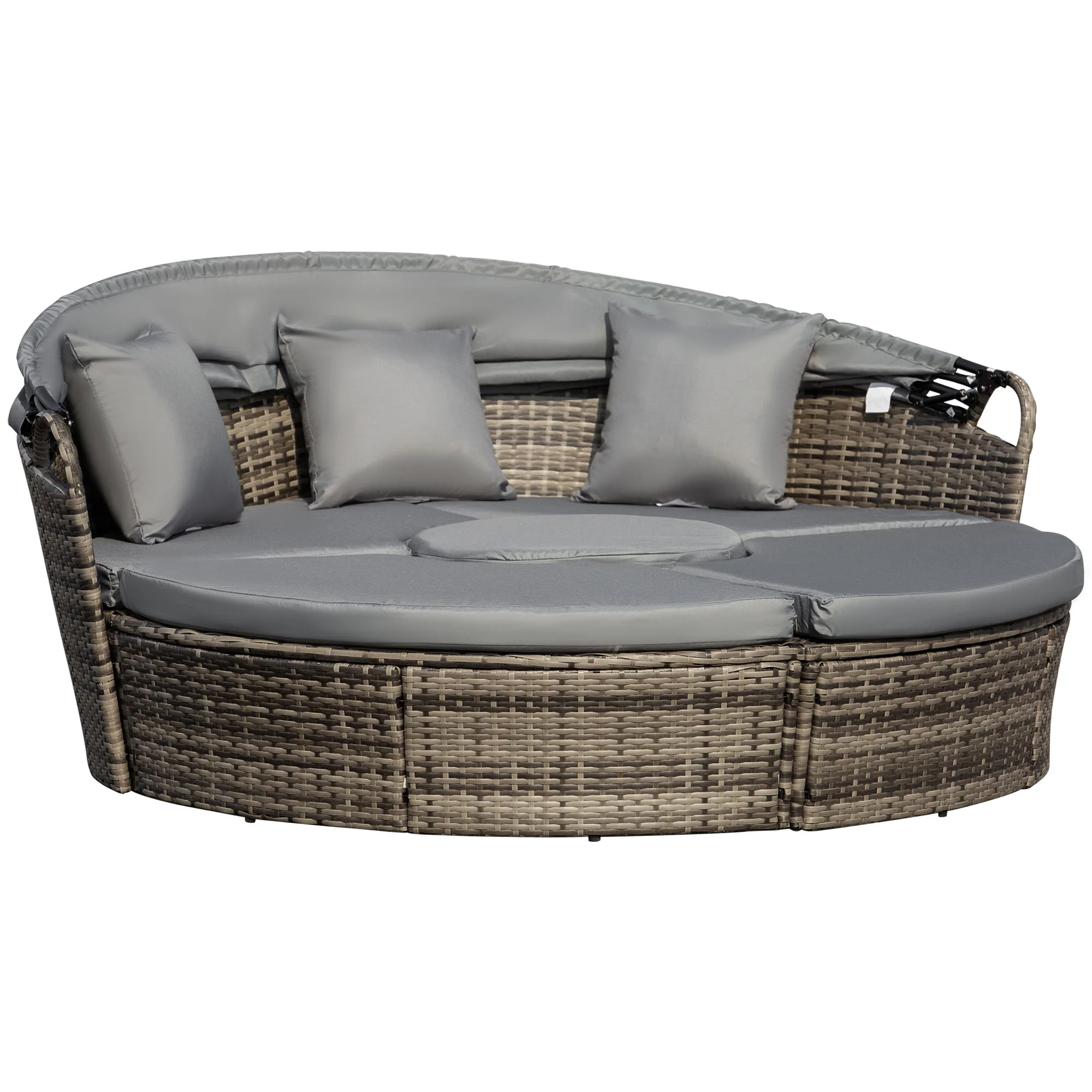 Outdoor PE Rattan Garden Furniture with Cushioned, Patio Wicker Conversation Furniture Set, Round Daybed with Retractable Canopy, Coffee Table and Three Pillows, Dark Grey/Grey - Image 12