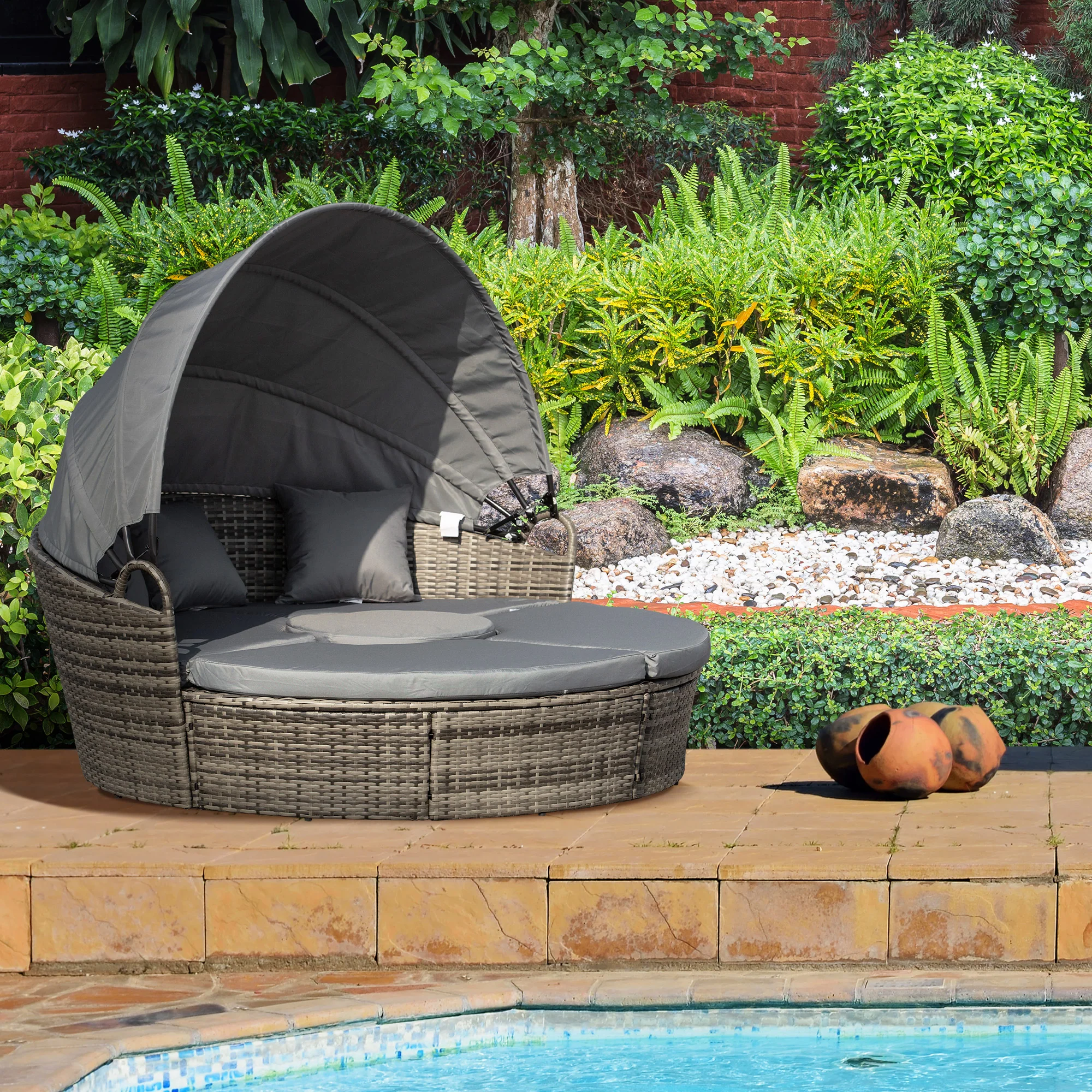 Outdoor PE Rattan Garden Furniture with Cushioned, Patio Wicker Conversation Furniture Set, Round Daybed with Retractable Canopy, Coffee Table and Three Pillows, Dark Grey/Grey - Image 4