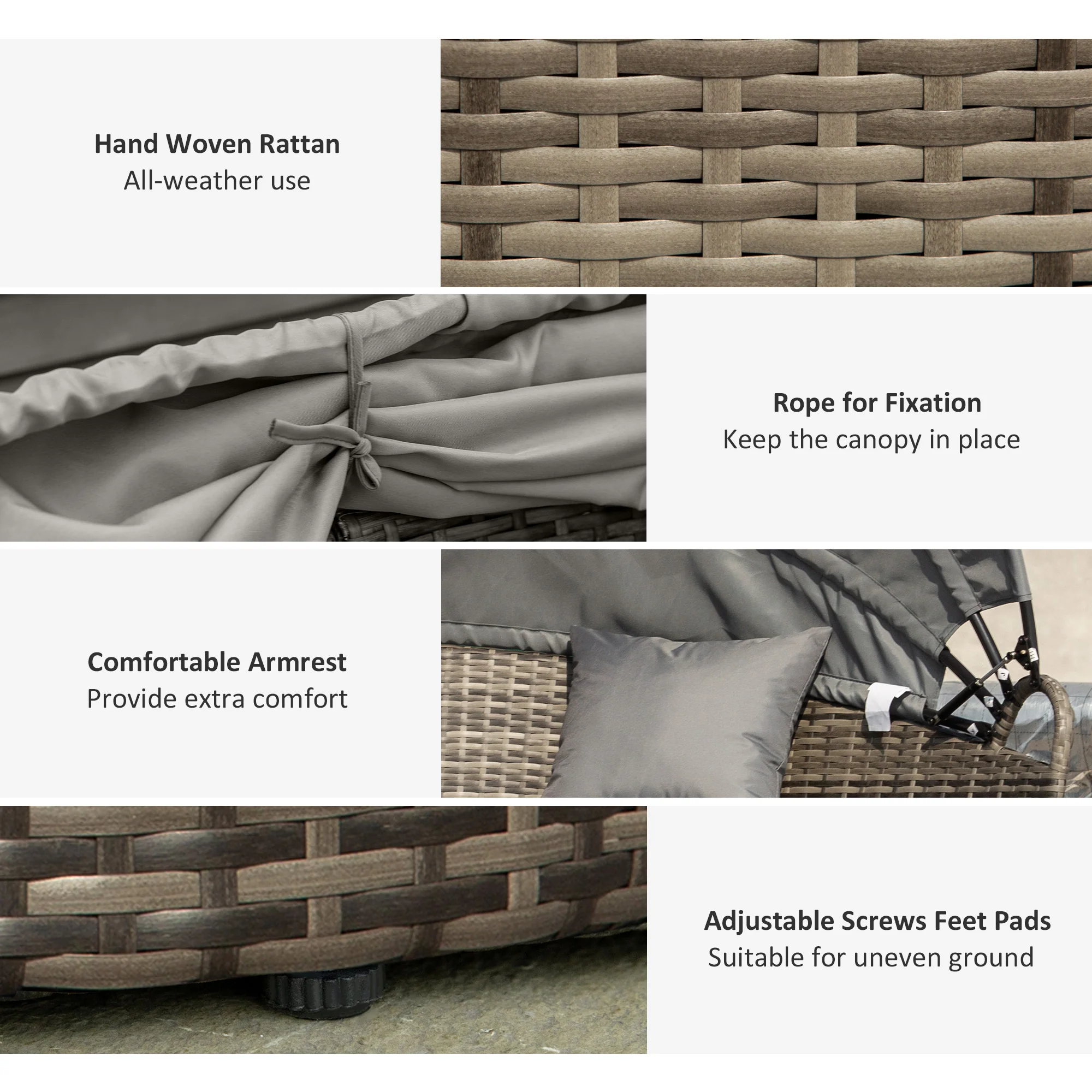 Outdoor PE Rattan Garden Furniture with Cushioned, Patio Wicker Conversation Furniture Set, Round Daybed with Retractable Canopy, Coffee Table and Three Pillows, Dark Grey/Grey - Image 6