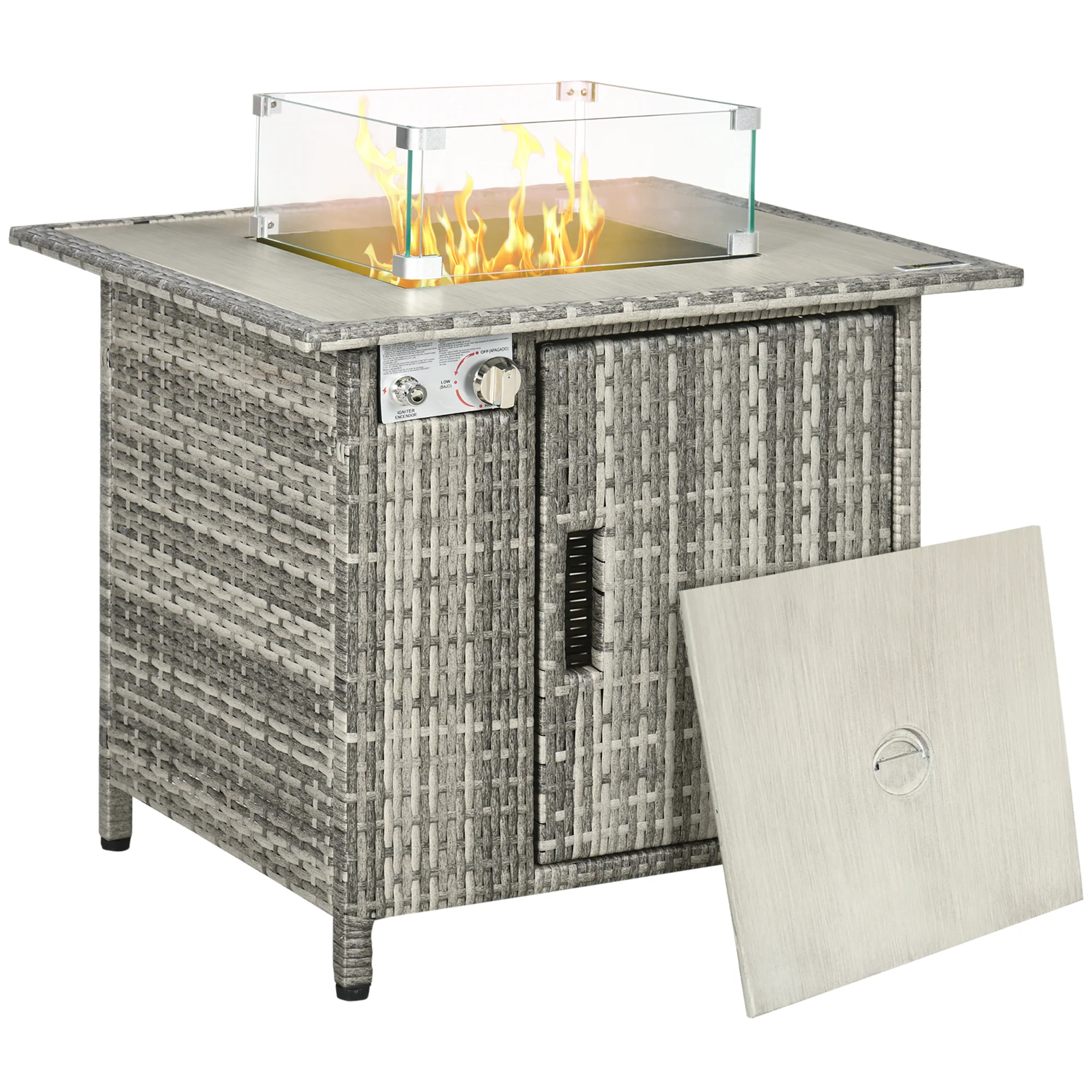 50,000 BTU Rattan Gas Fire Pit Table with Rain Cover, Mesh Lid and Lava Stone, Grey