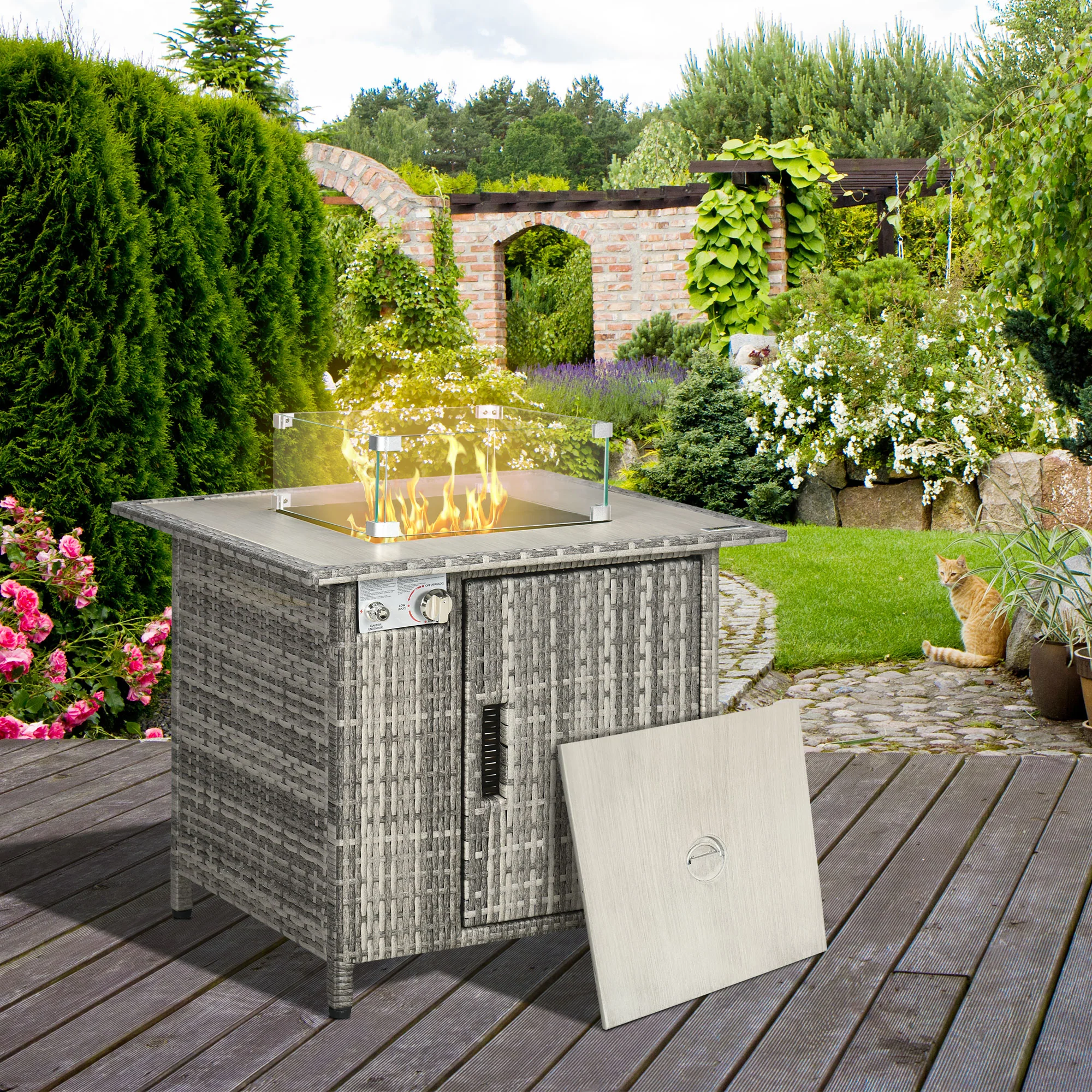 50,000 BTU Rattan Gas Fire Pit Table with Rain Cover, Mesh Lid and Lava Stone, Grey - Image 4